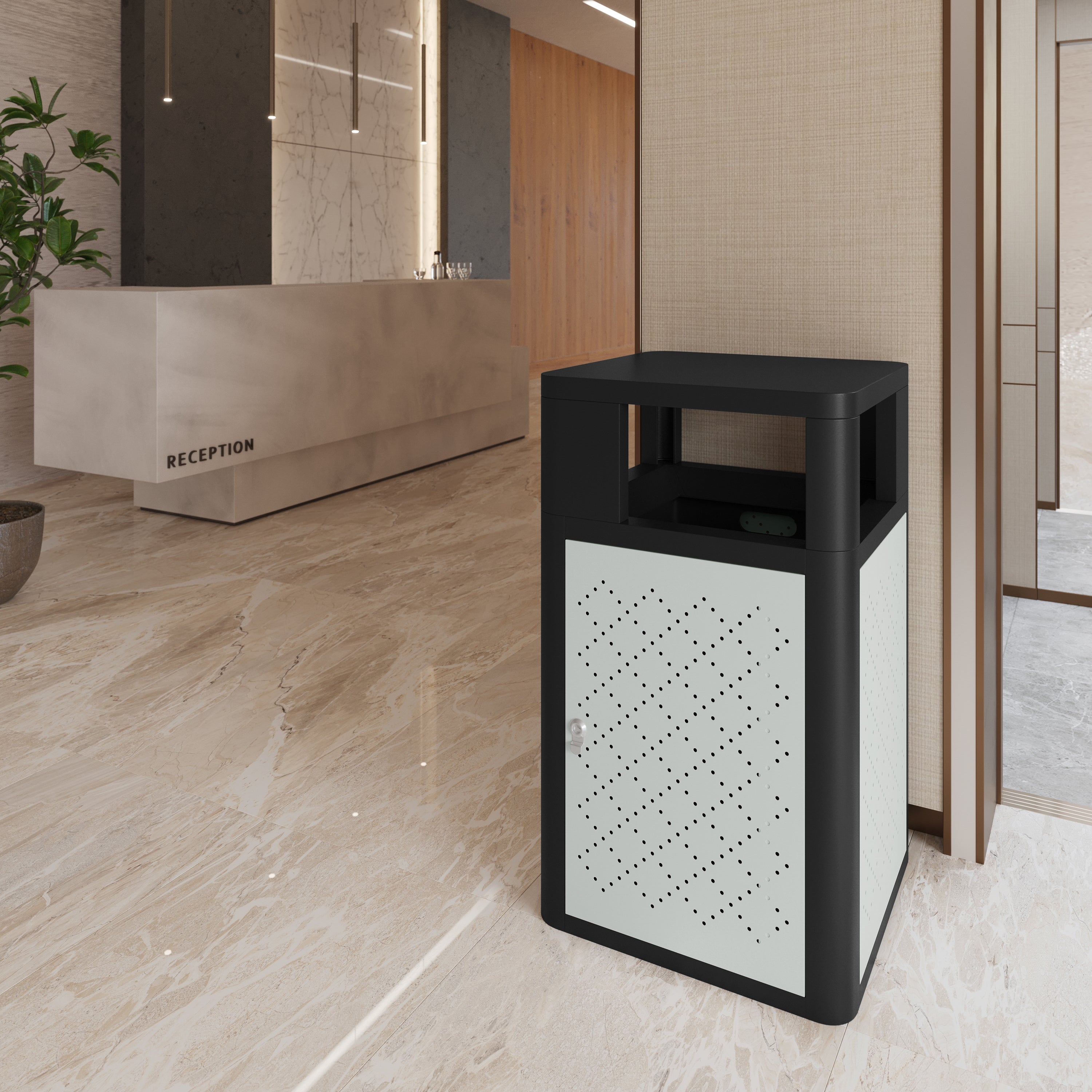 Brooks 31.4 Gallon Indoor-Outdoor Steel Trash Can with Locking Access Door and Removable Inner Fiberglass Bin, Black/Silver
