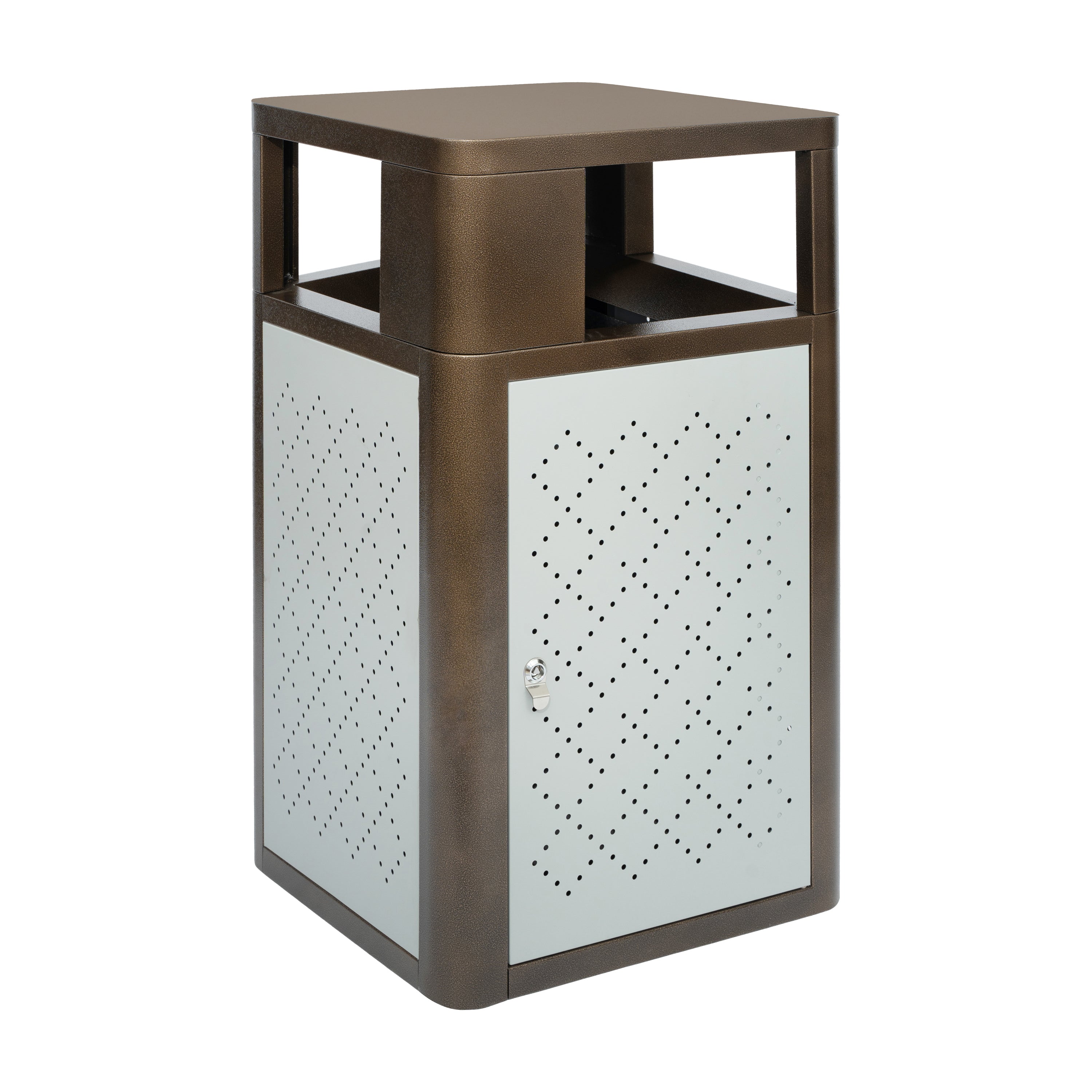 Brooks 31.4 Gallon Indoor-Outdoor Steel Trash Can with Locking Access Door and Removable Inner Fiberglass Bin, Brown/Silver