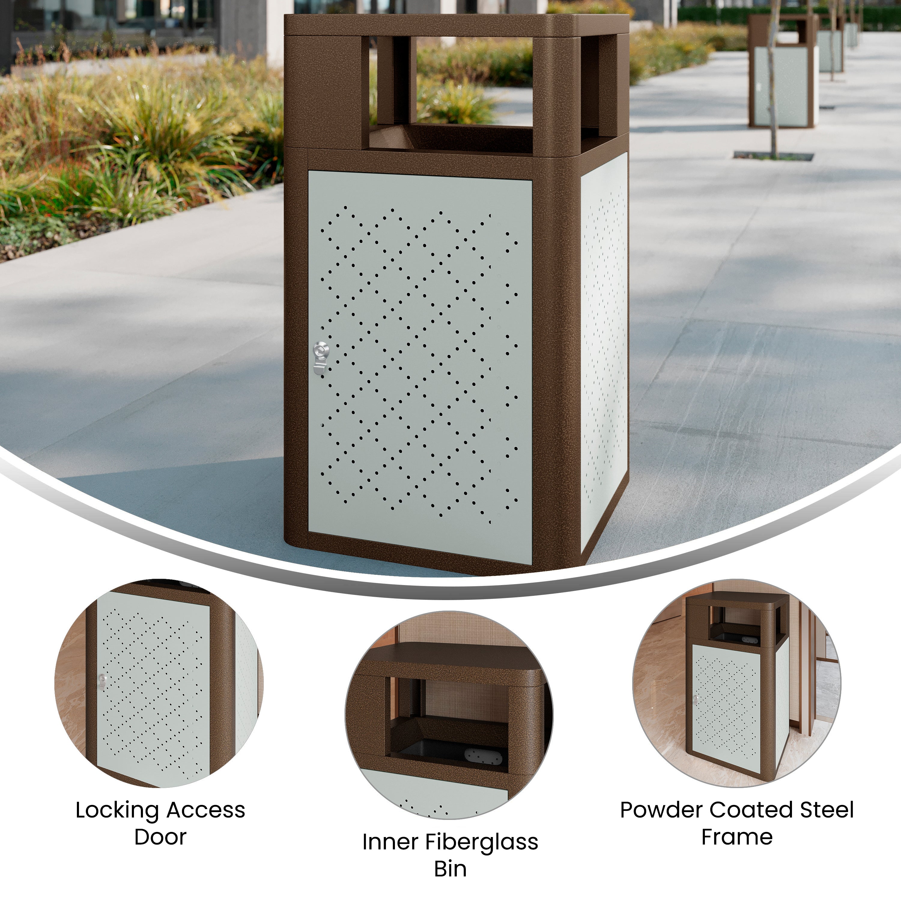 Brooks 31.4 Gallon Indoor-Outdoor Steel Trash Can with Locking Access Door and Removable Inner Fiberglass Bin, Brown/Silver