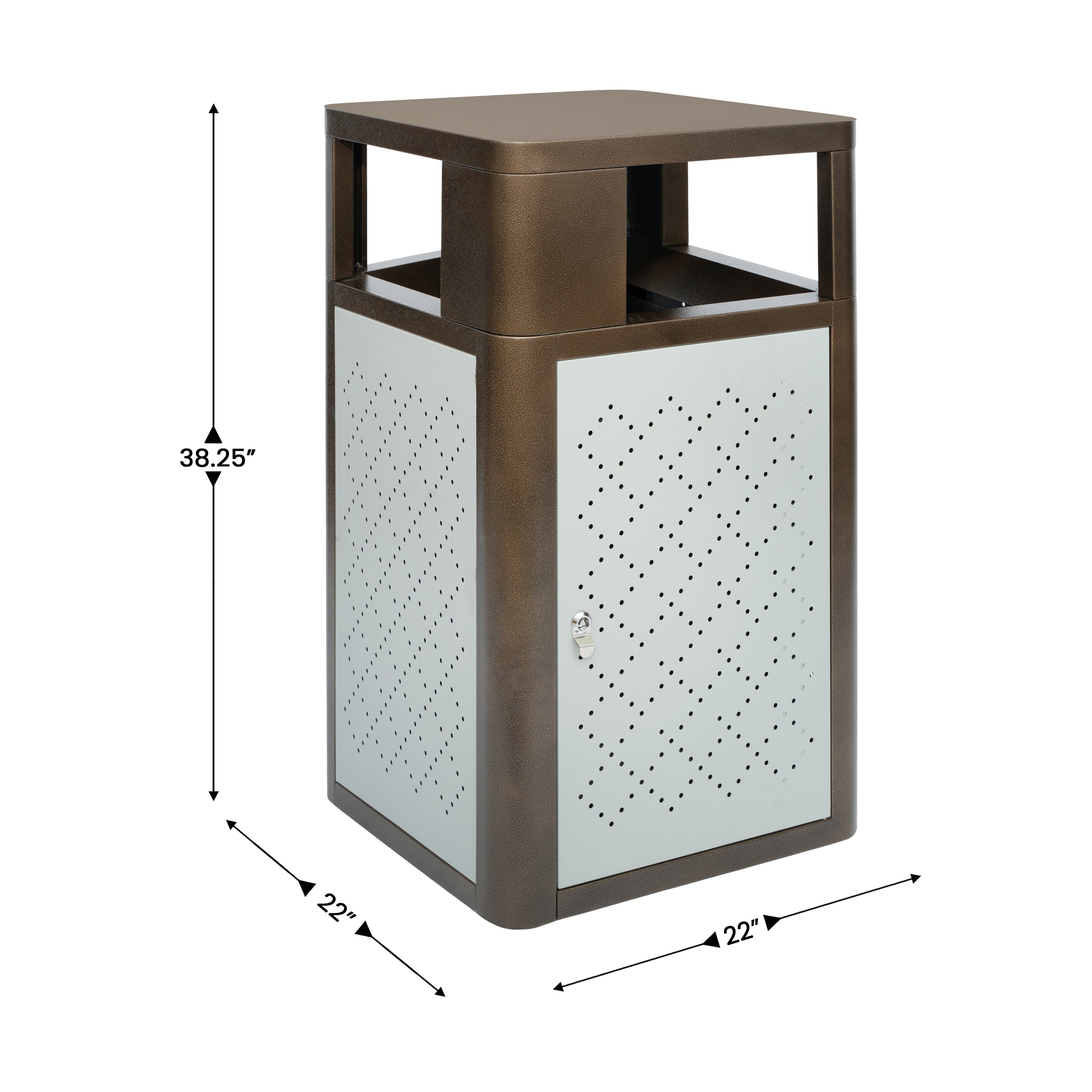 Brooks 31.4 Gallon Indoor-Outdoor Steel Trash Can with Locking Access Door and Removable Inner Fiberglass Bin, Brown/Silver