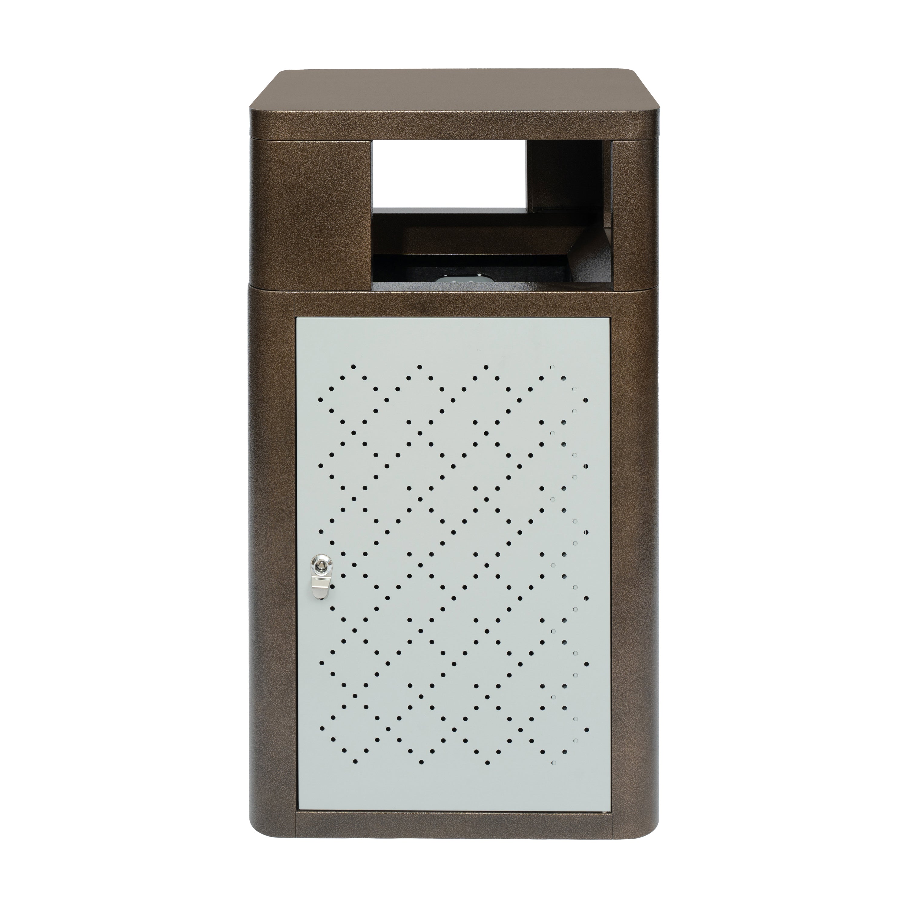 Brooks 31.4 Gallon Indoor-Outdoor Steel Trash Can with Locking Access Door and Removable Inner Fiberglass Bin, Brown/Silver