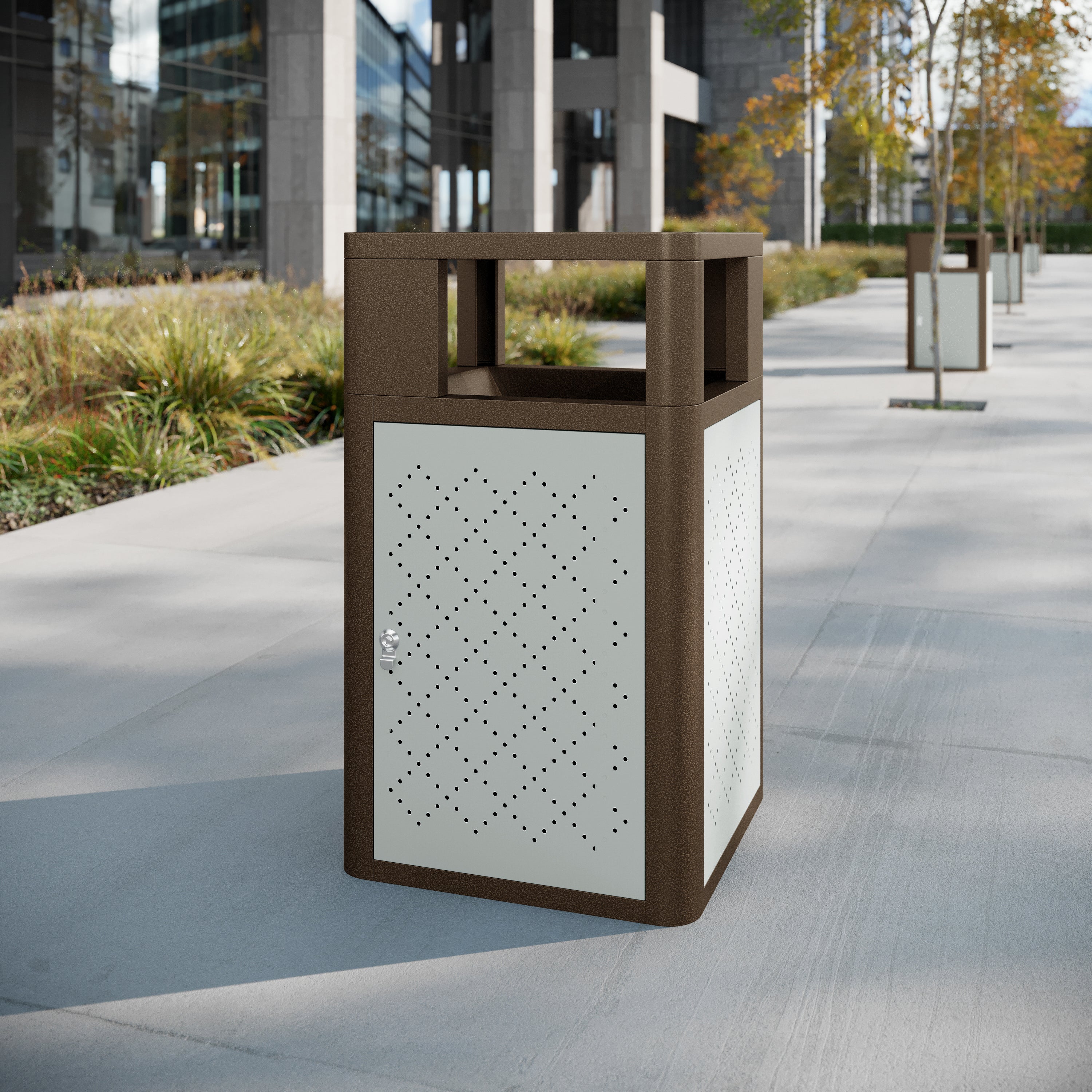 Brooks 31.4 Gallon Indoor-Outdoor Steel Trash Can with Locking Access Door and Removable Inner Fiberglass Bin, Brown/Silver