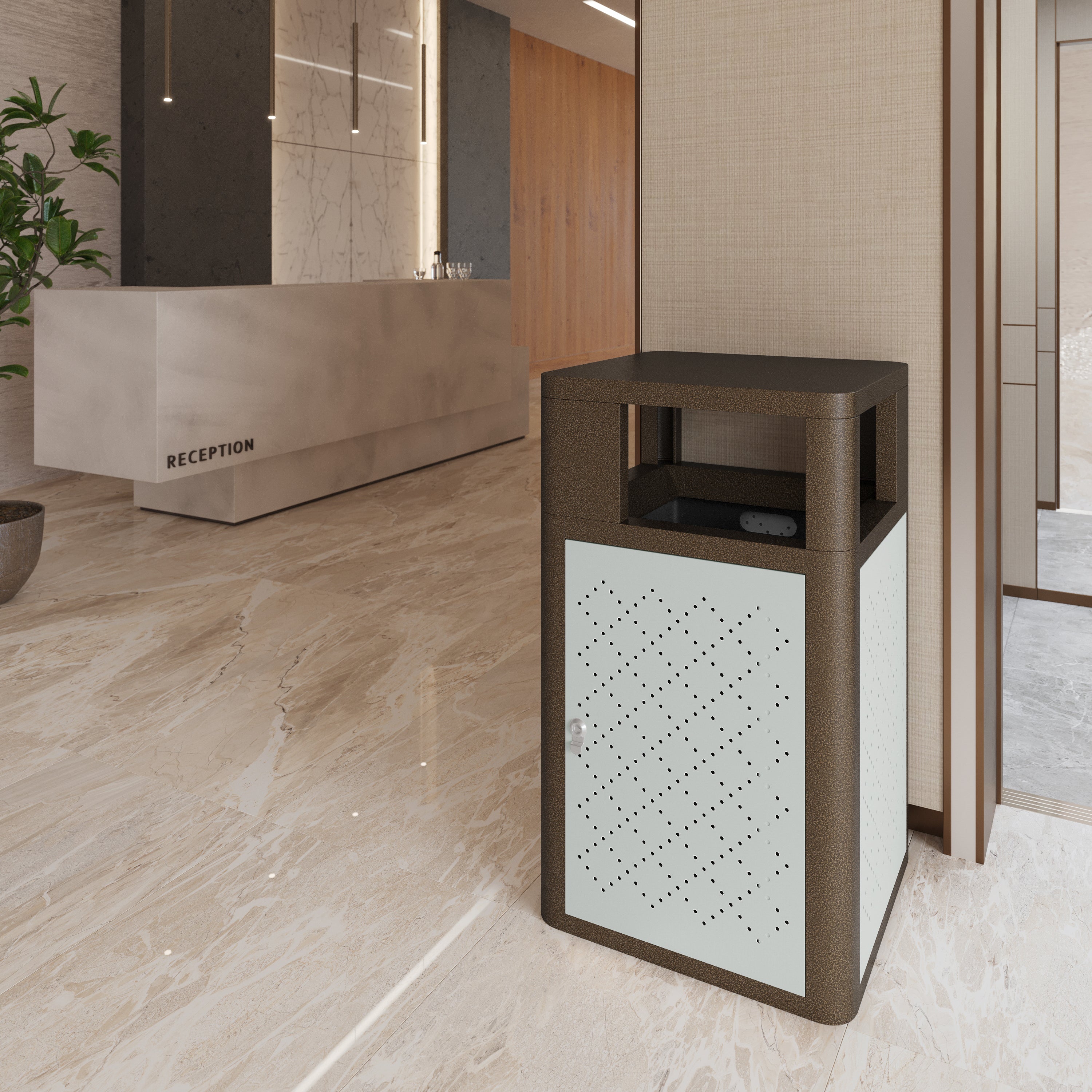 Brooks 31.4 Gallon Indoor-Outdoor Steel Trash Can with Locking Access Door and Removable Inner Fiberglass Bin, Brown/Silver