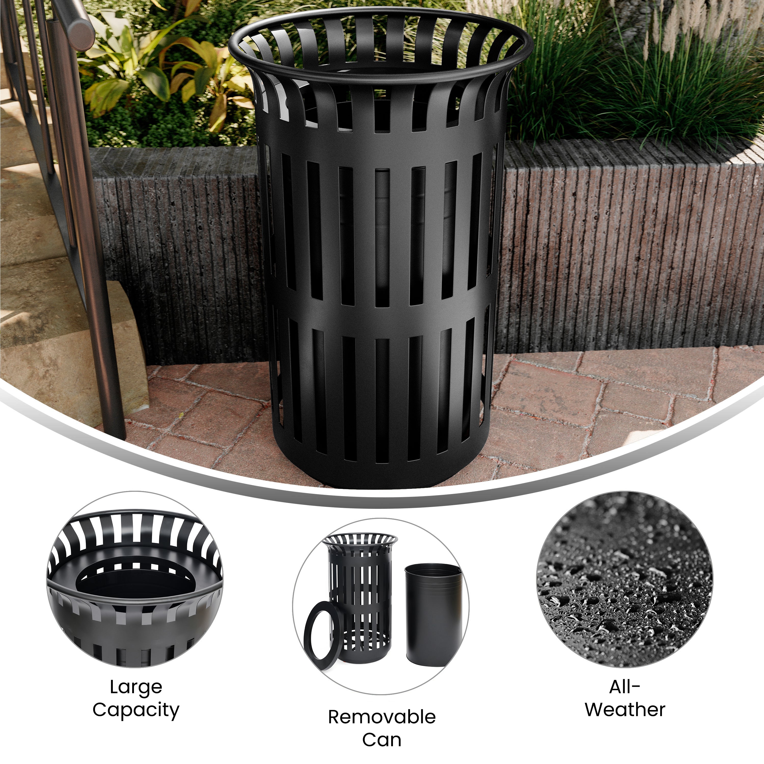 Collins Commercial Grade Black Outdoor Round Slatted Steel 37 Gallon Trash Can with Removable Inner Bin