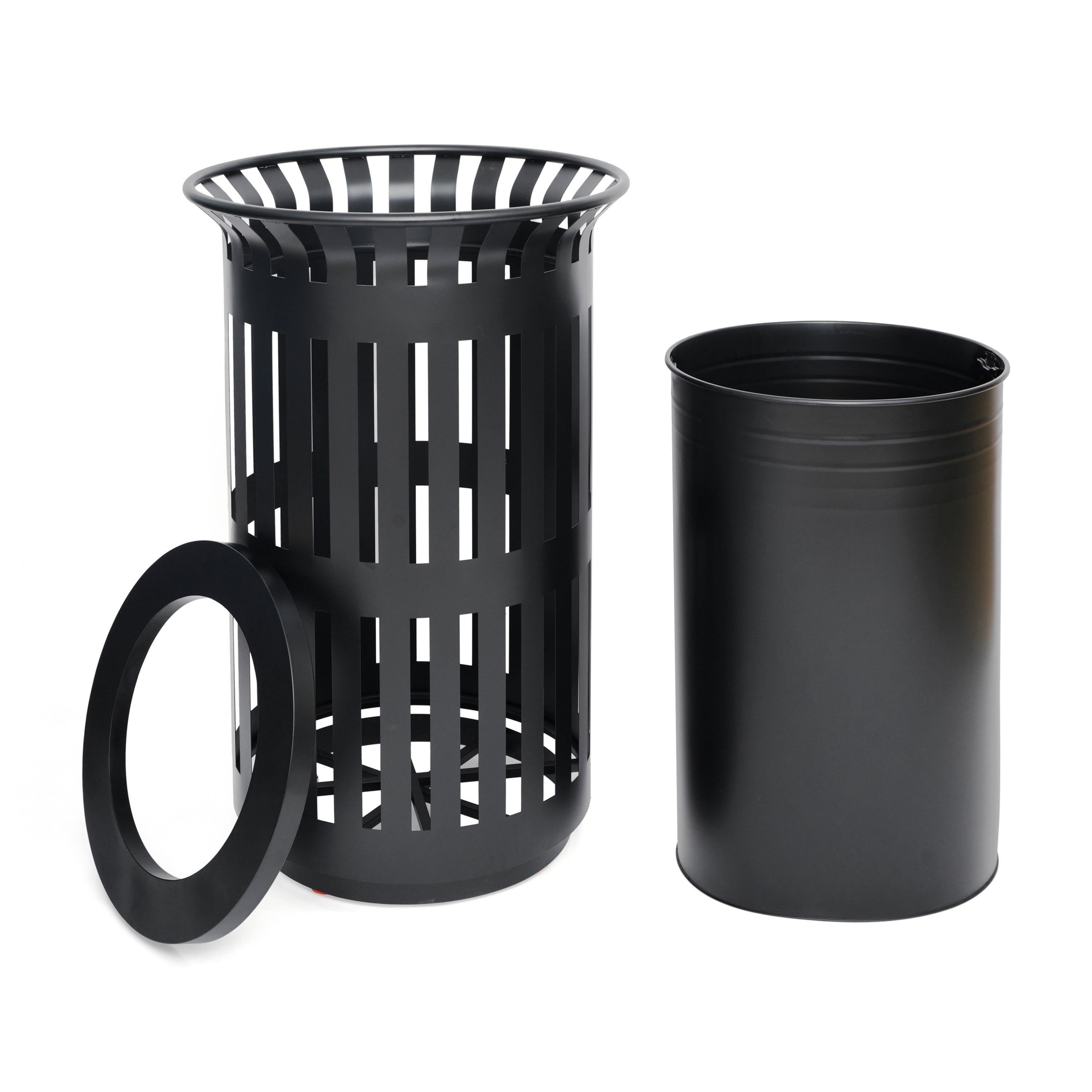 Collins Commercial Grade Black Outdoor Round Slatted Steel 37 Gallon Trash Can with Removable Inner Bin