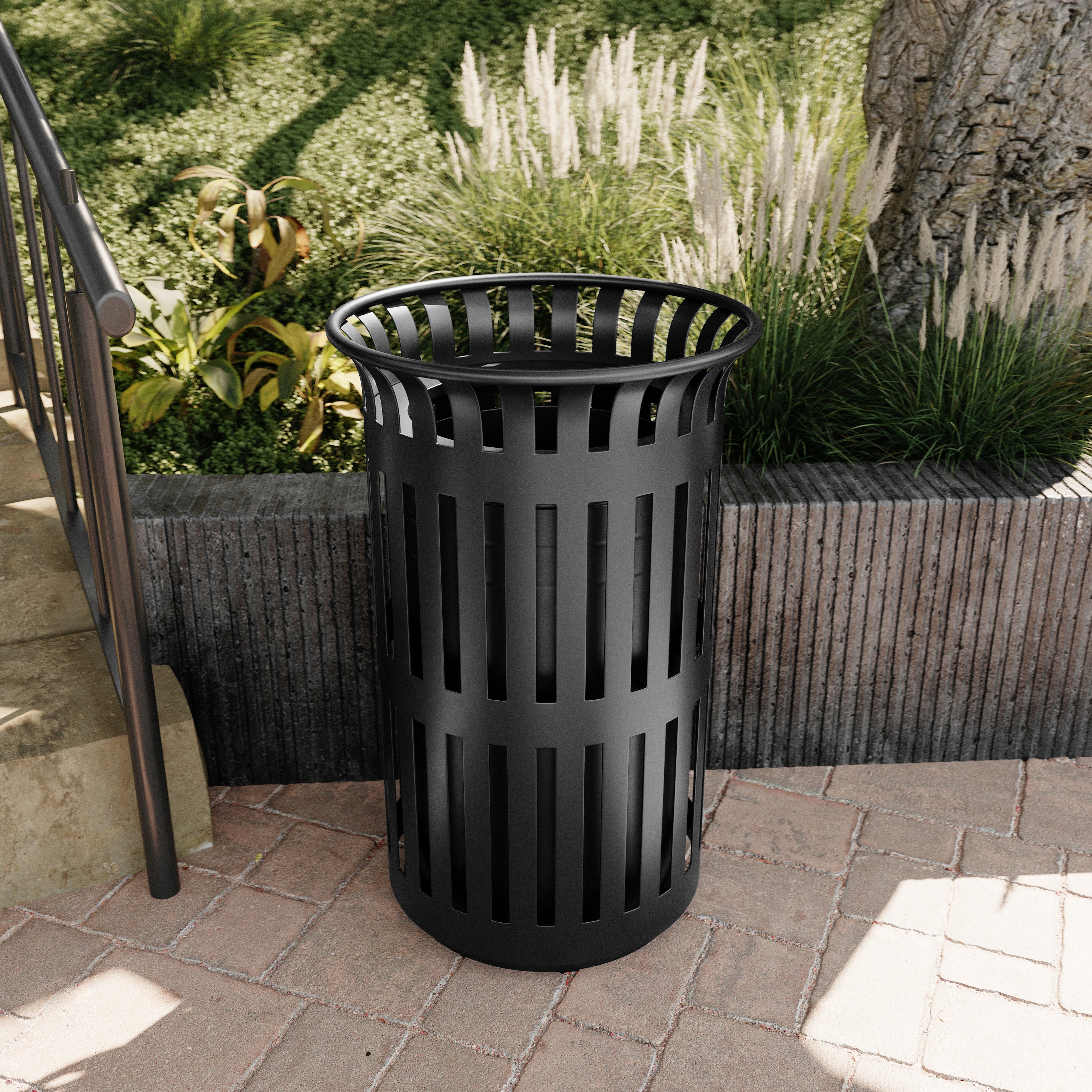Collins Commercial Grade Black Outdoor Round Slatted Steel 37 Gallon Trash Can with Removable Inner Bin