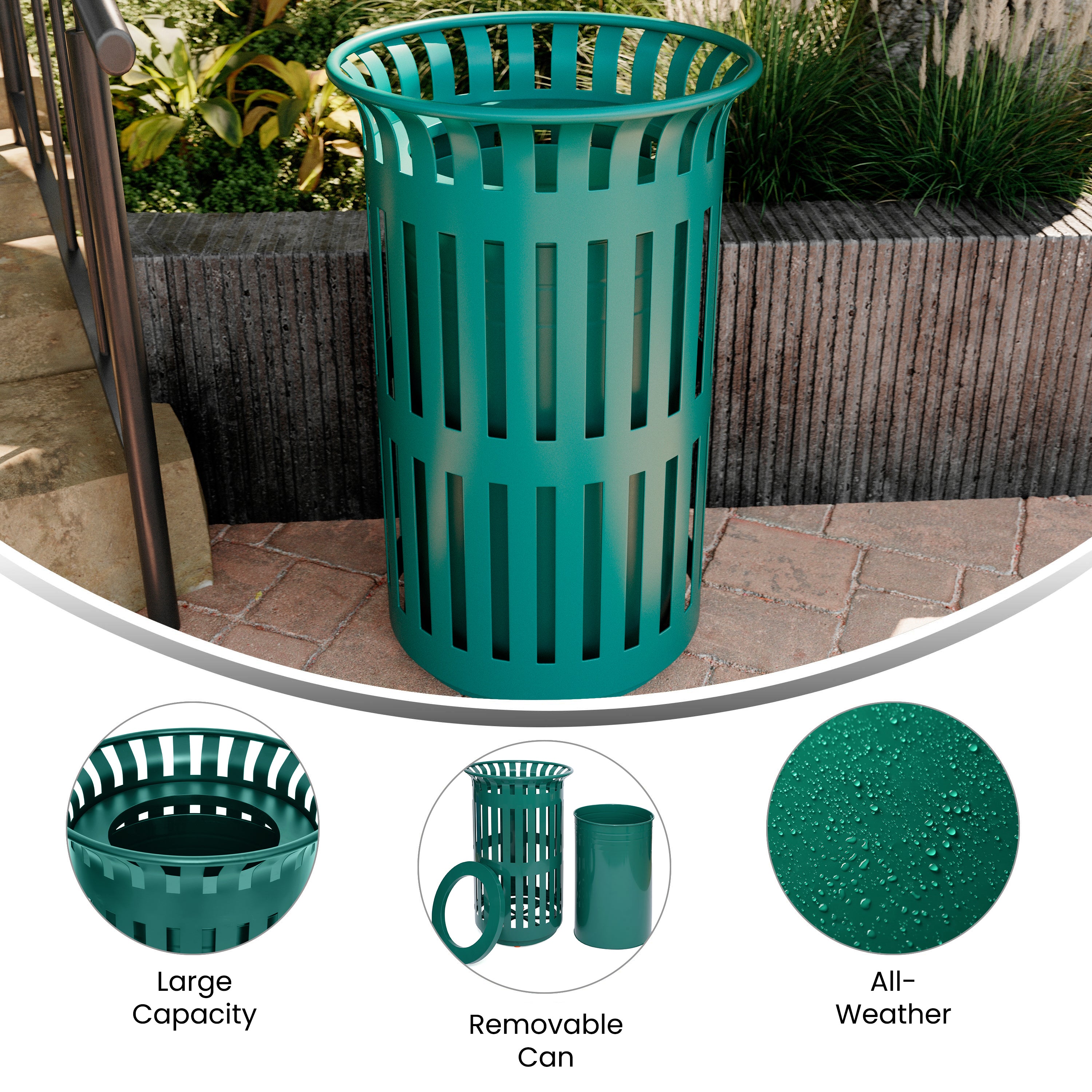 Collins Commercial Grade Green Outdoor Round Slatted Steel 37 Gallon Trash Can with Removable Inner Bin