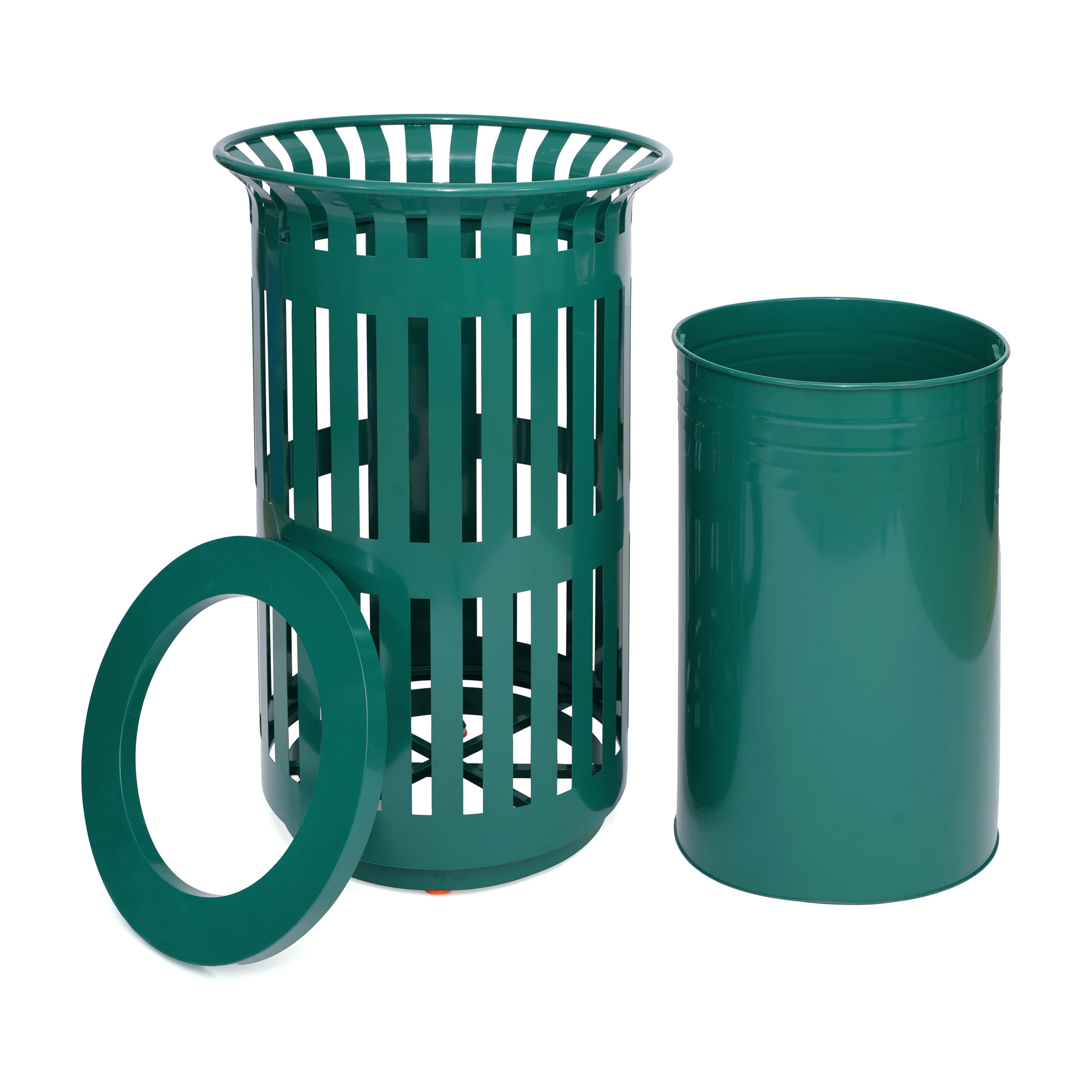 Collins Commercial Grade Green Outdoor Round Slatted Steel 37 Gallon Trash Can with Removable Inner Bin