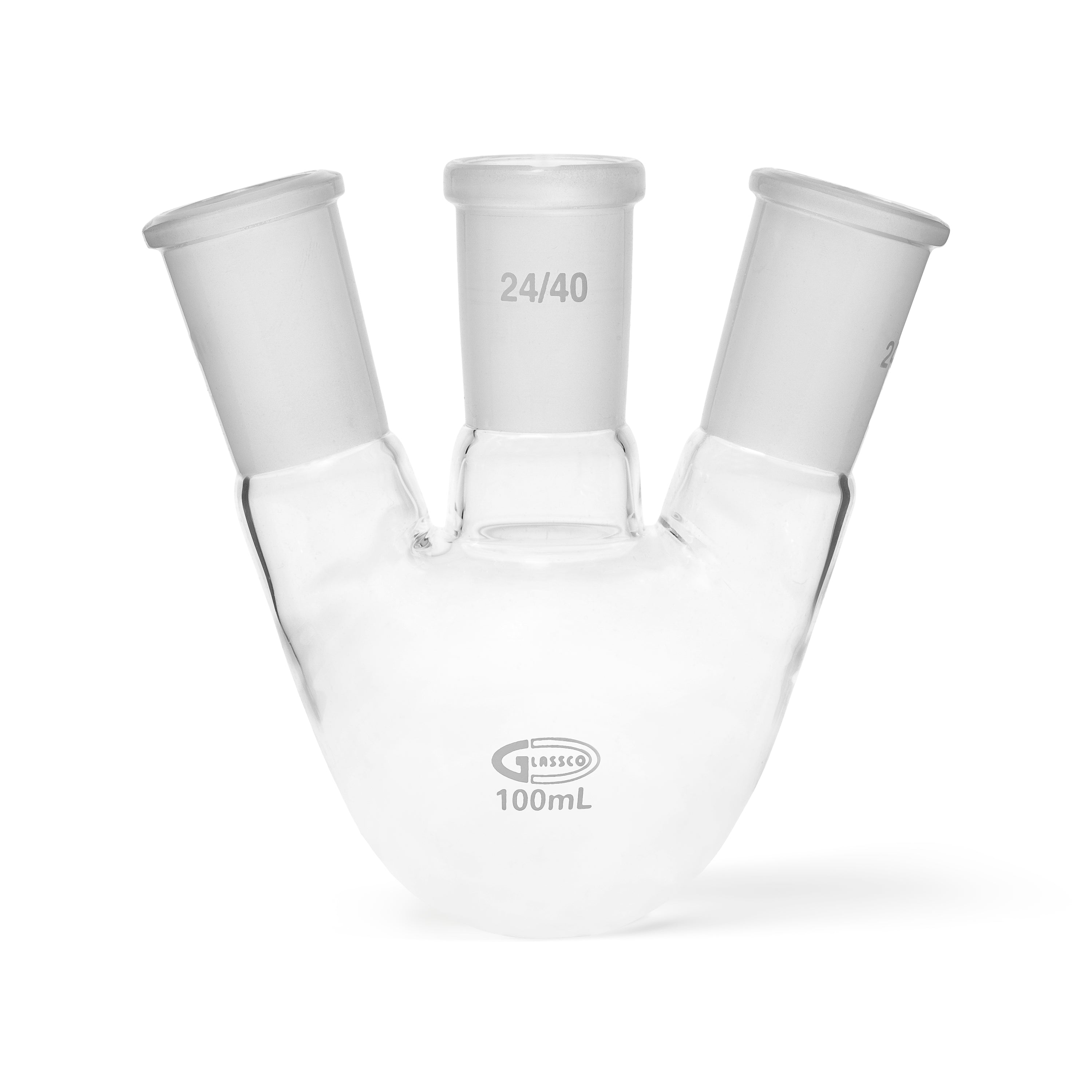 United Scientific® Flask, Round Bottom, 3 Neck, Angular, Capacity 100 mL, Center Socket 24/40, Side Sockets 24/40