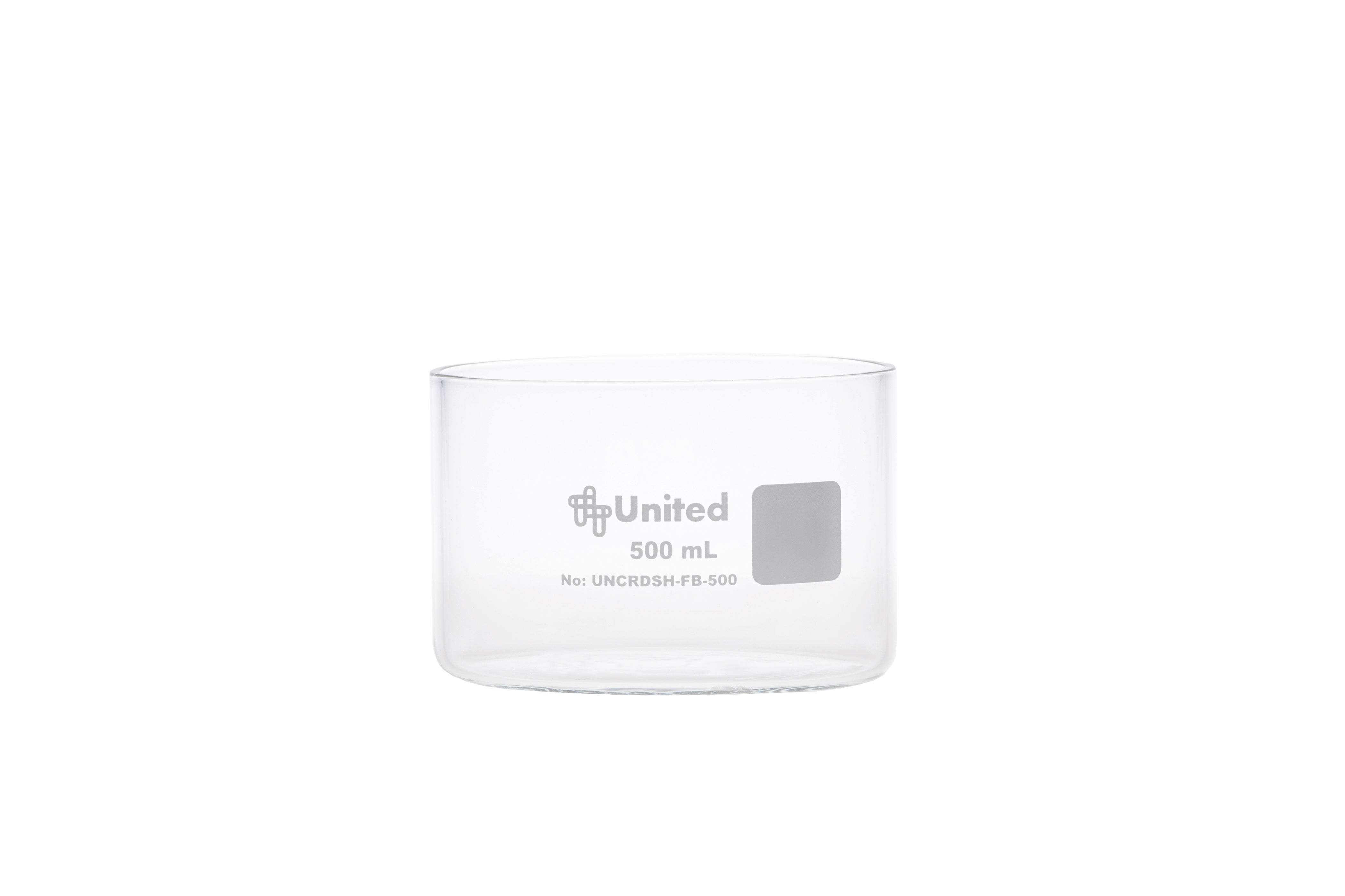 United Scientific® CrystalClear™ Crystallizing Dish 500 mL, Flat Bottom, Borosilicate Glass, comes with 6