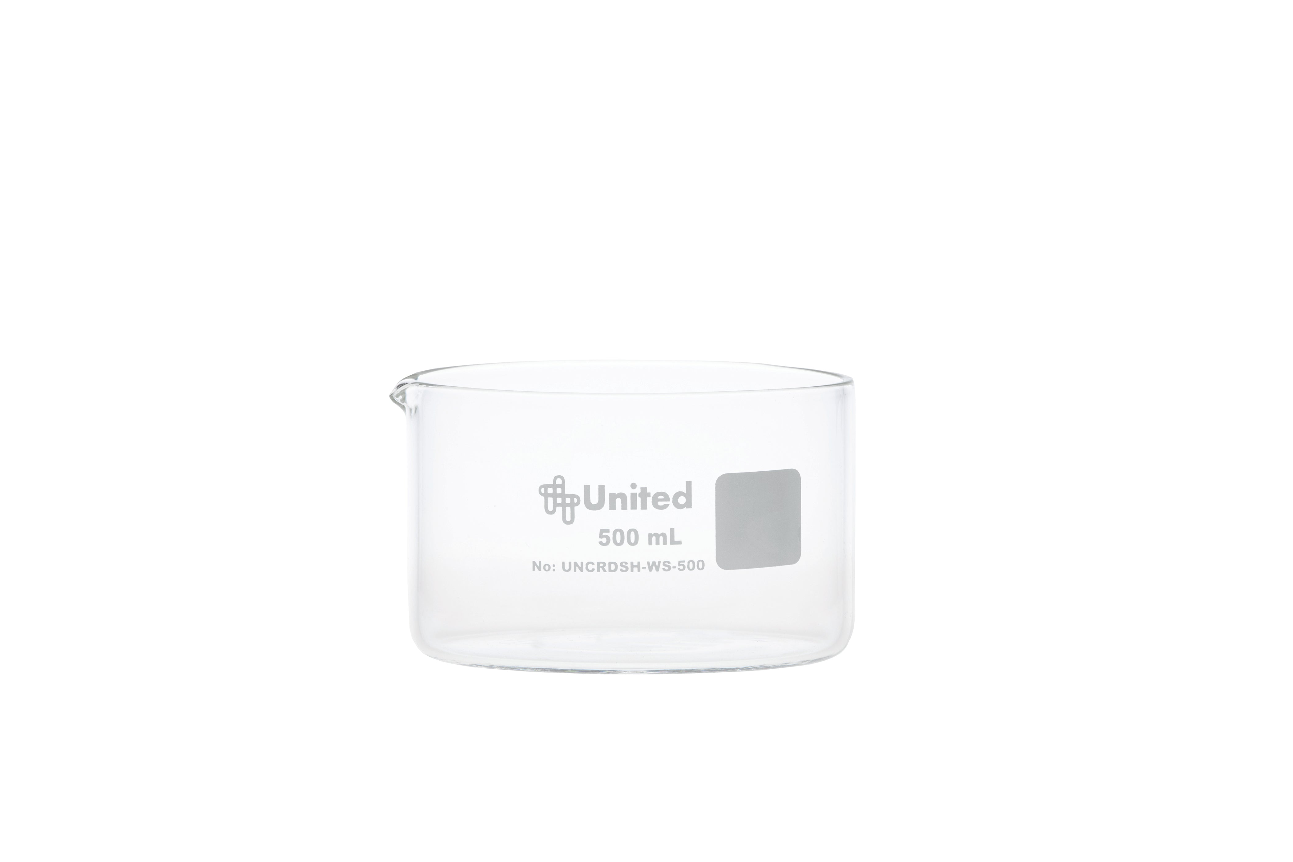 United Scientific® CrystalClear™ Crystallizing Dish 500 mL, Flat Bottom - with spout, Borosilicate Glass, comes with 6