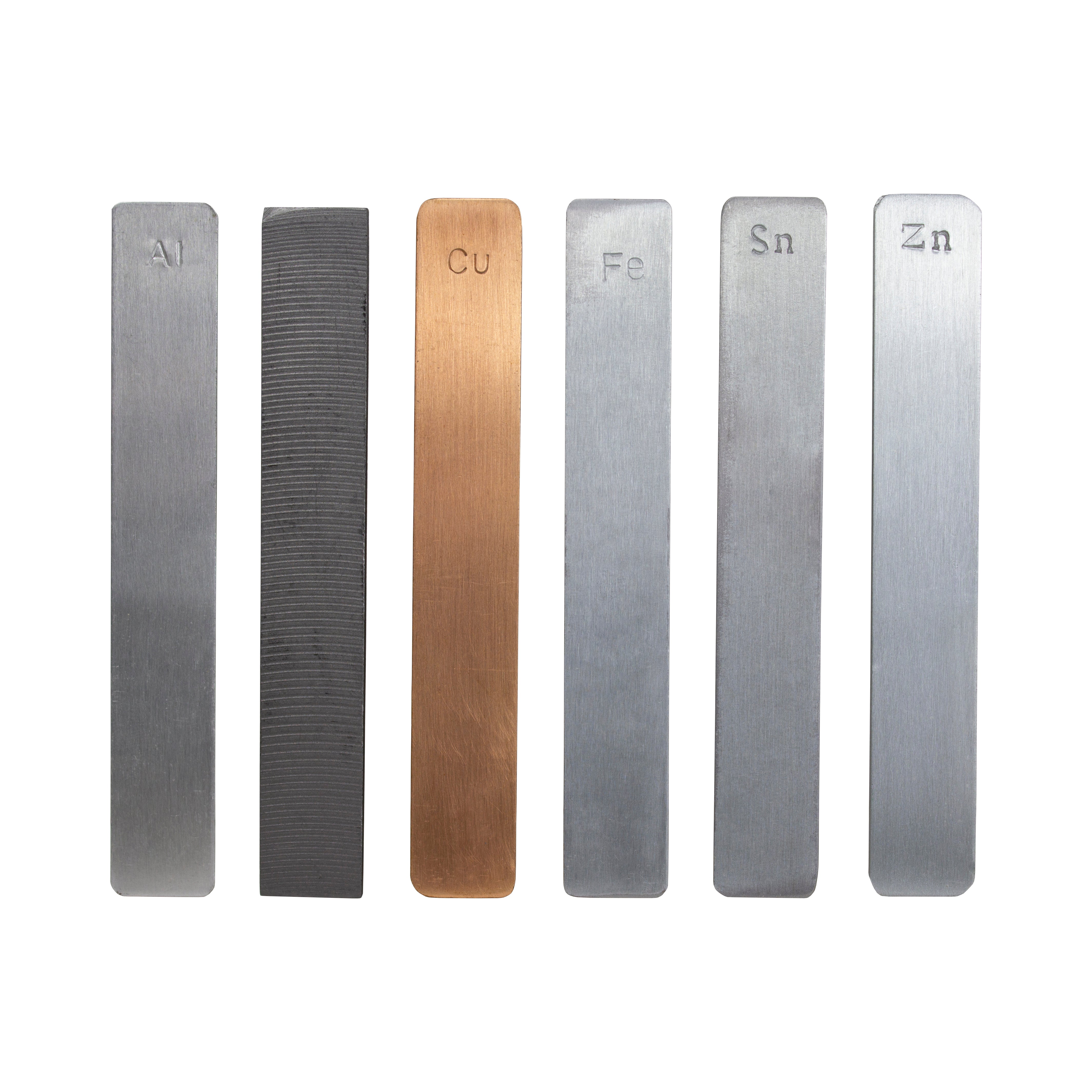 United Scientific® Set of 12 electrodes (2 each) Aluminum, copper, tin, iron, zinc, and carbon, comes with 12
