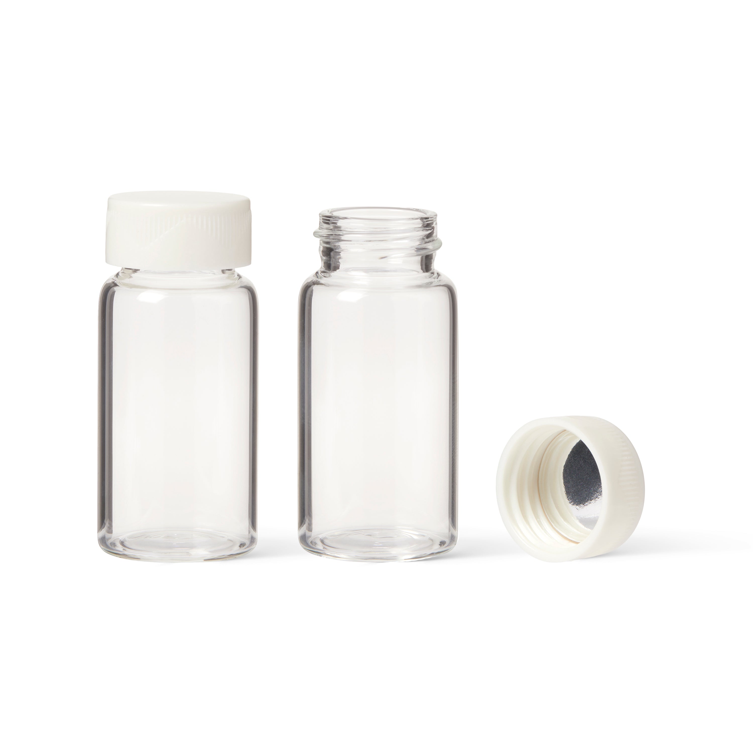 United Scientific® Scintillation Vials, 20 mL, with attached white Urea cap (SIZE 22-400) and cork foil liner,CS500, comes with 500
