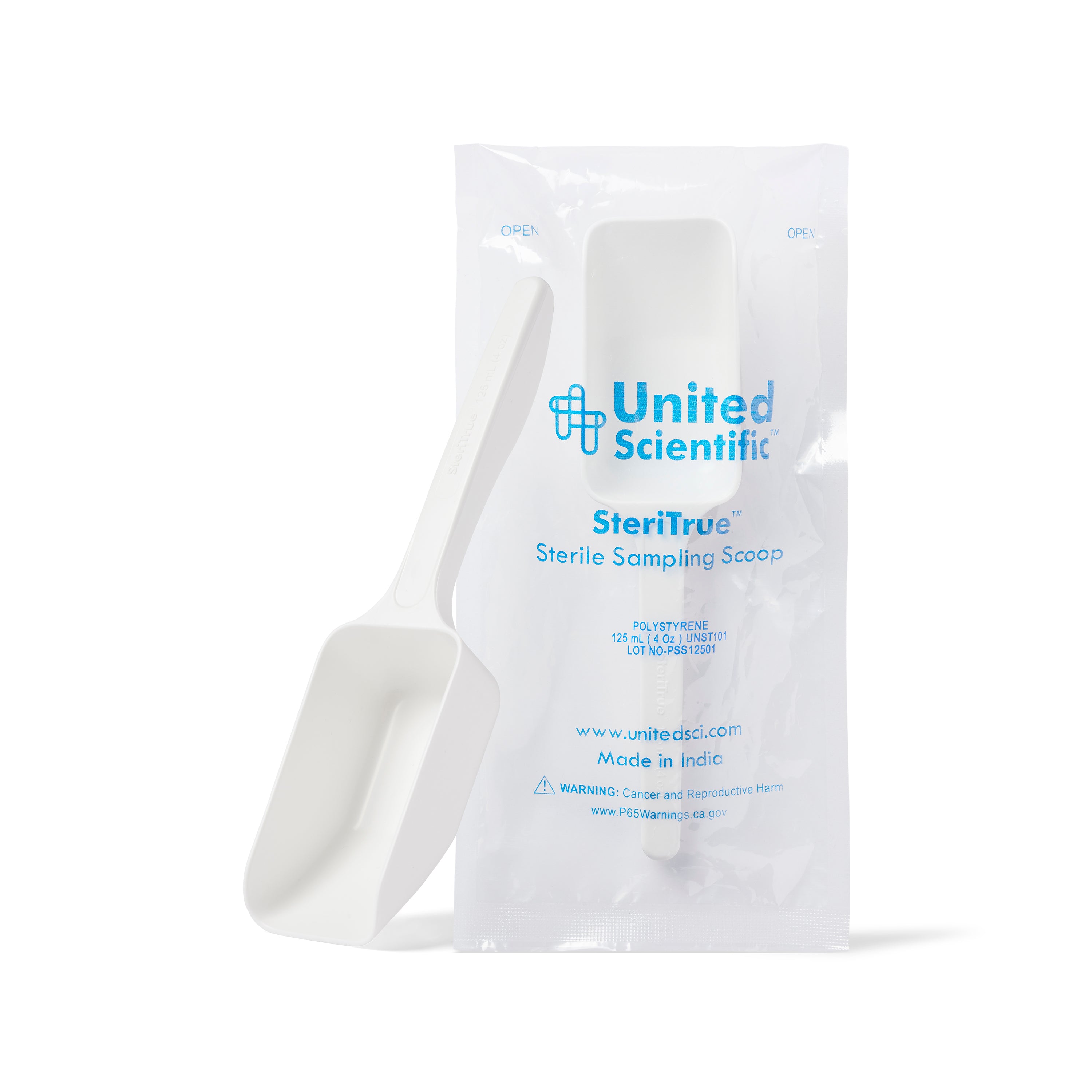 United Scientific® SteriTrue™ Sterile Sampling Scoops, Polystyrene, 125 mL (4 oz), comes with 100