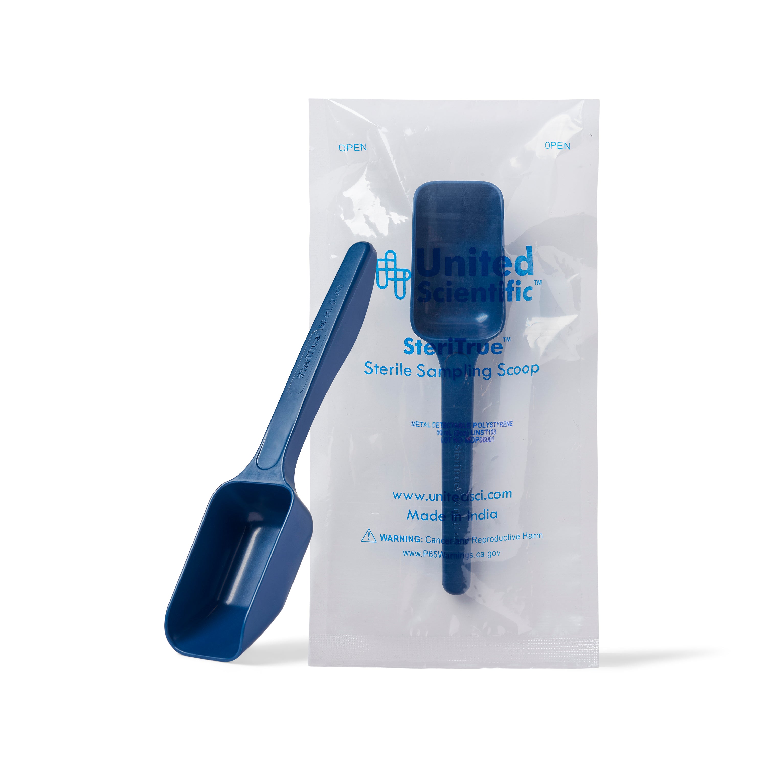United Scientific® SteriTrue™ Sterile Sampling Scoops, Metal Detectable Polystyrene, 60 mL (2 oz), comes with 100