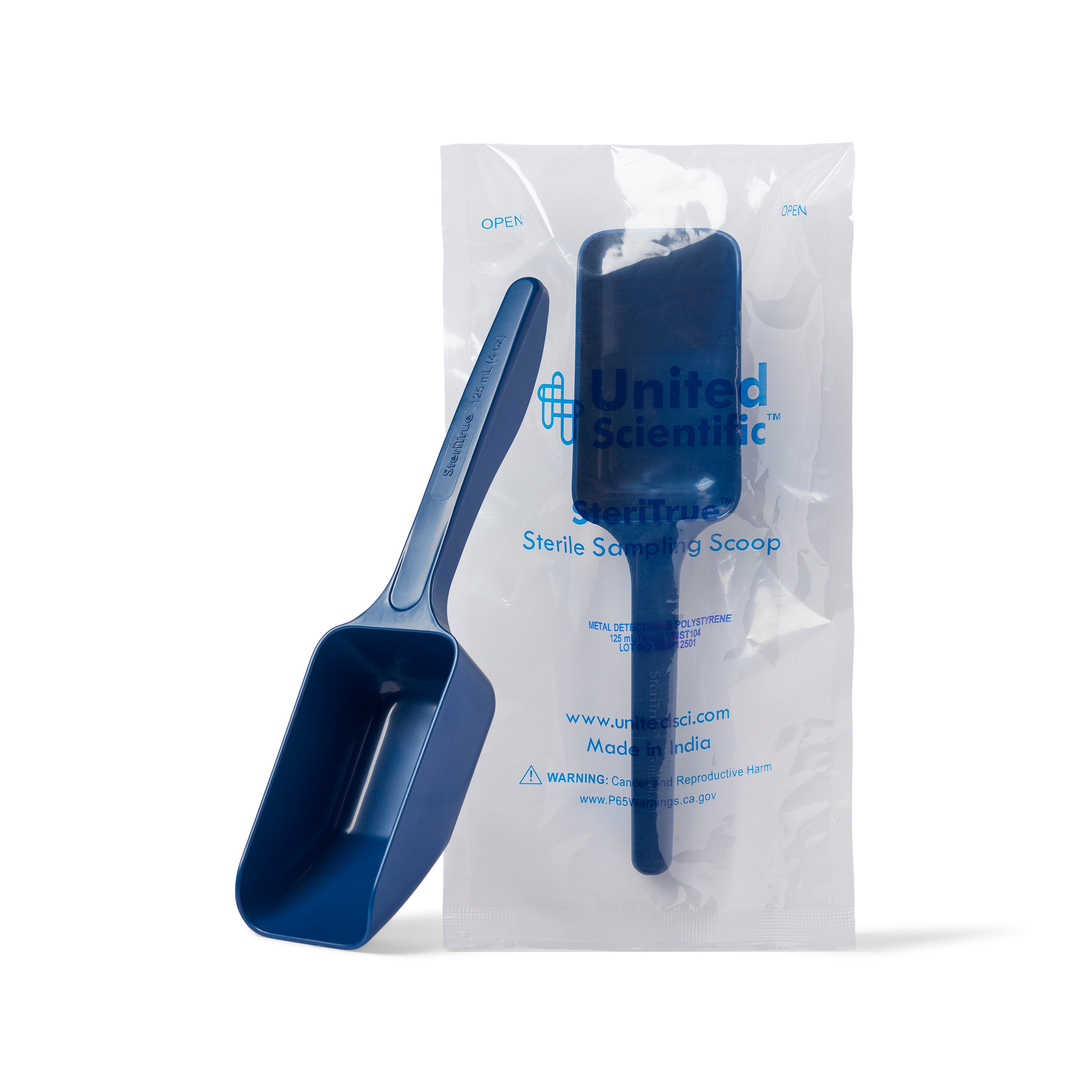 United Scientific® SteriTrue™ Sterile Sampling Scoops, Metal Detectable Polystyrene, 125 mL (4 oz), comes with 100