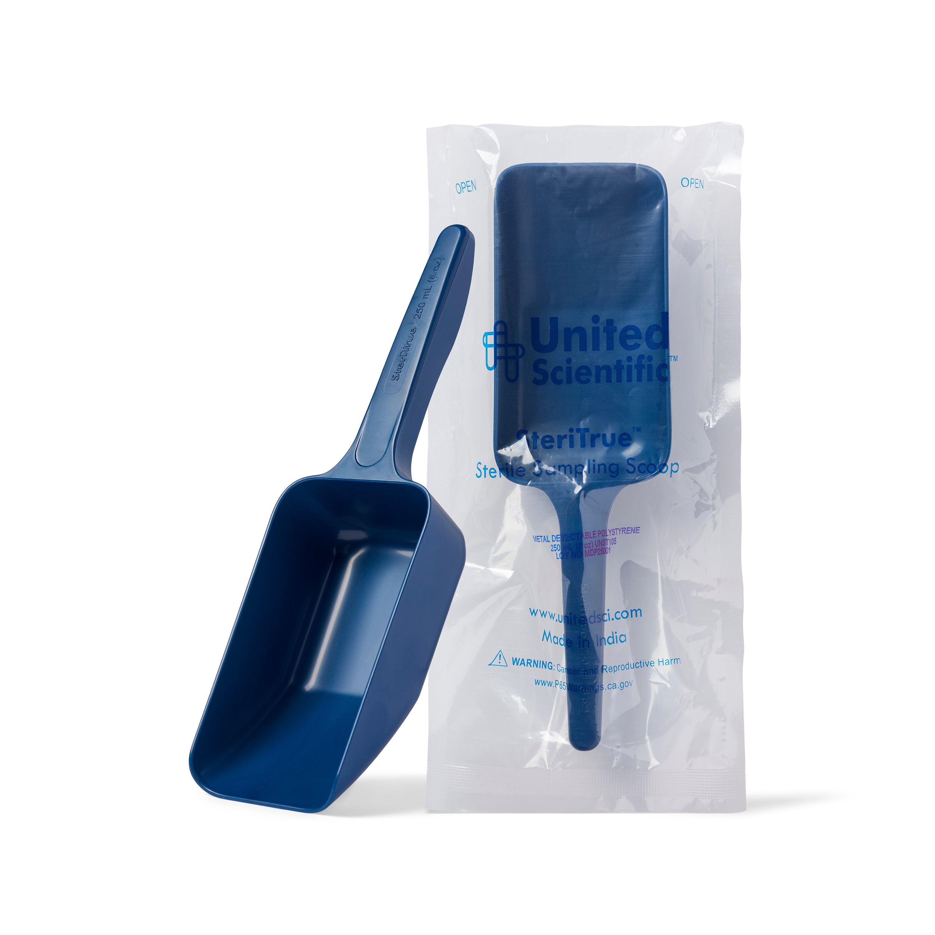 United Scientific® SteriTrue™ Sterile Sampling Scoops, Metal Detectable Polystyrene, 250 mL (8 oz), comes with 100