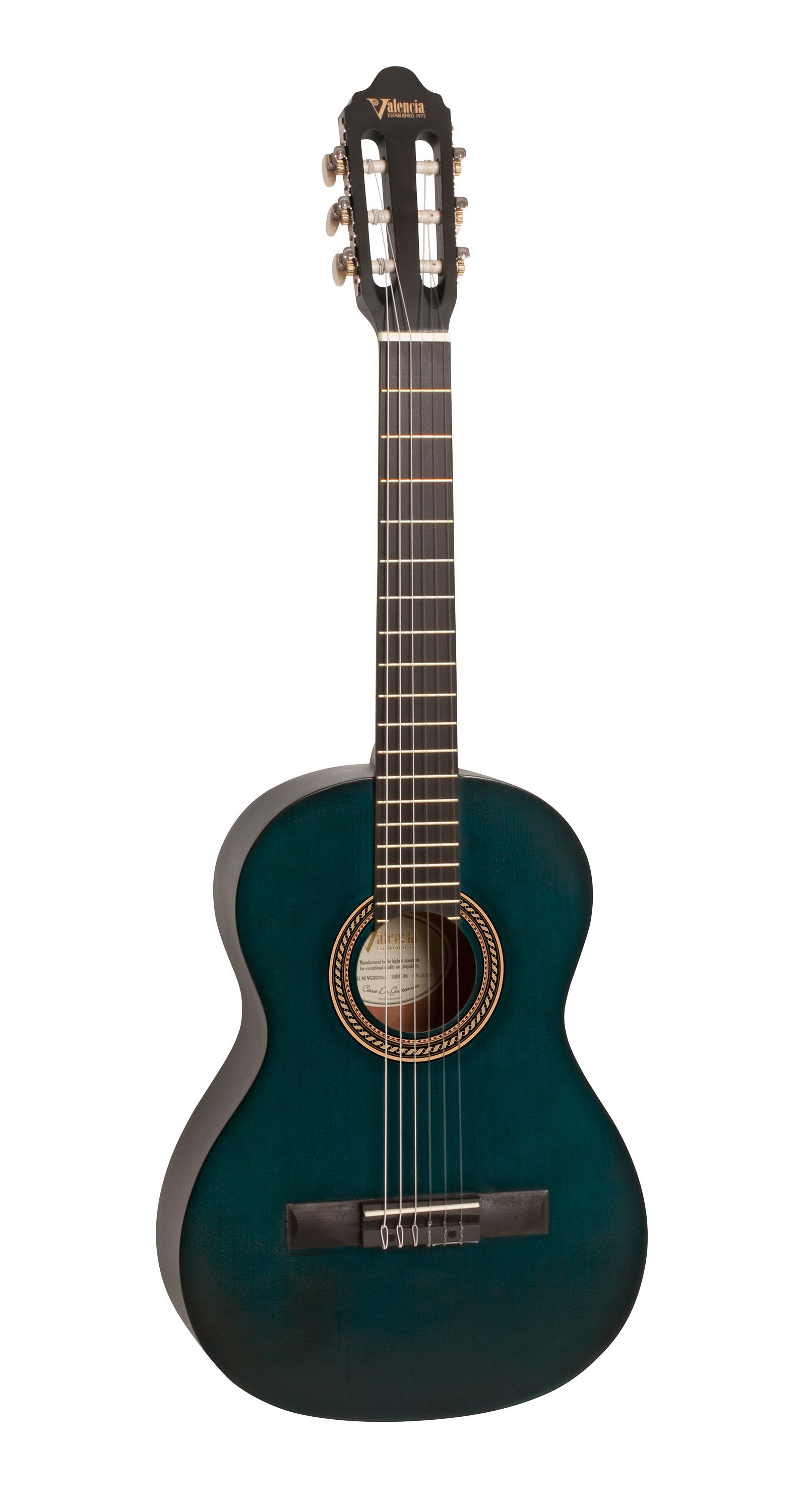 Valencia VC203 200 Series 3/4 Size Classical Guitar. Transparent Blue