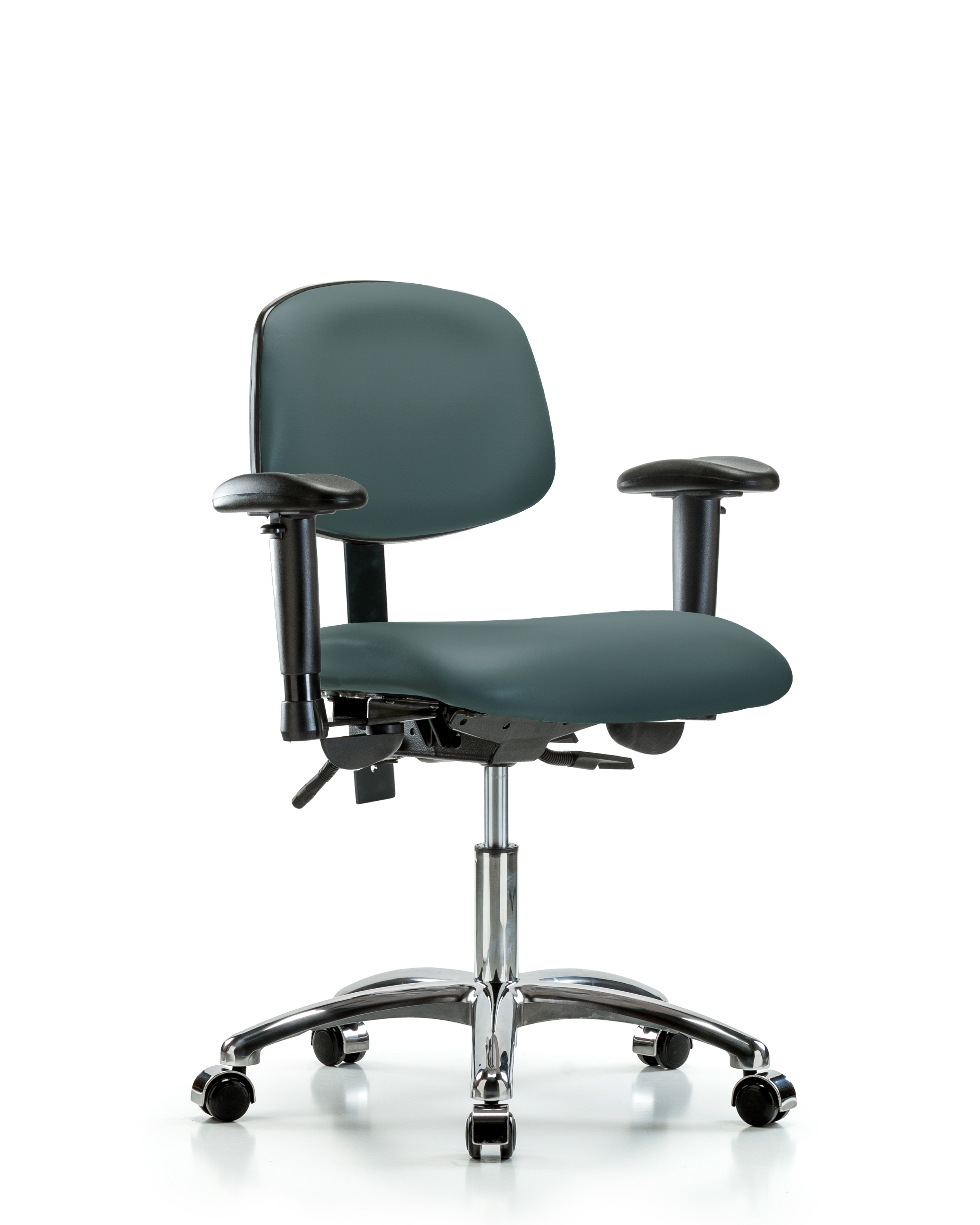 Rutledge Vinyl Chair Chrome - Desk Height with Adjustable Arms & Casters in Colonial Blue Trailblazer Vinyl