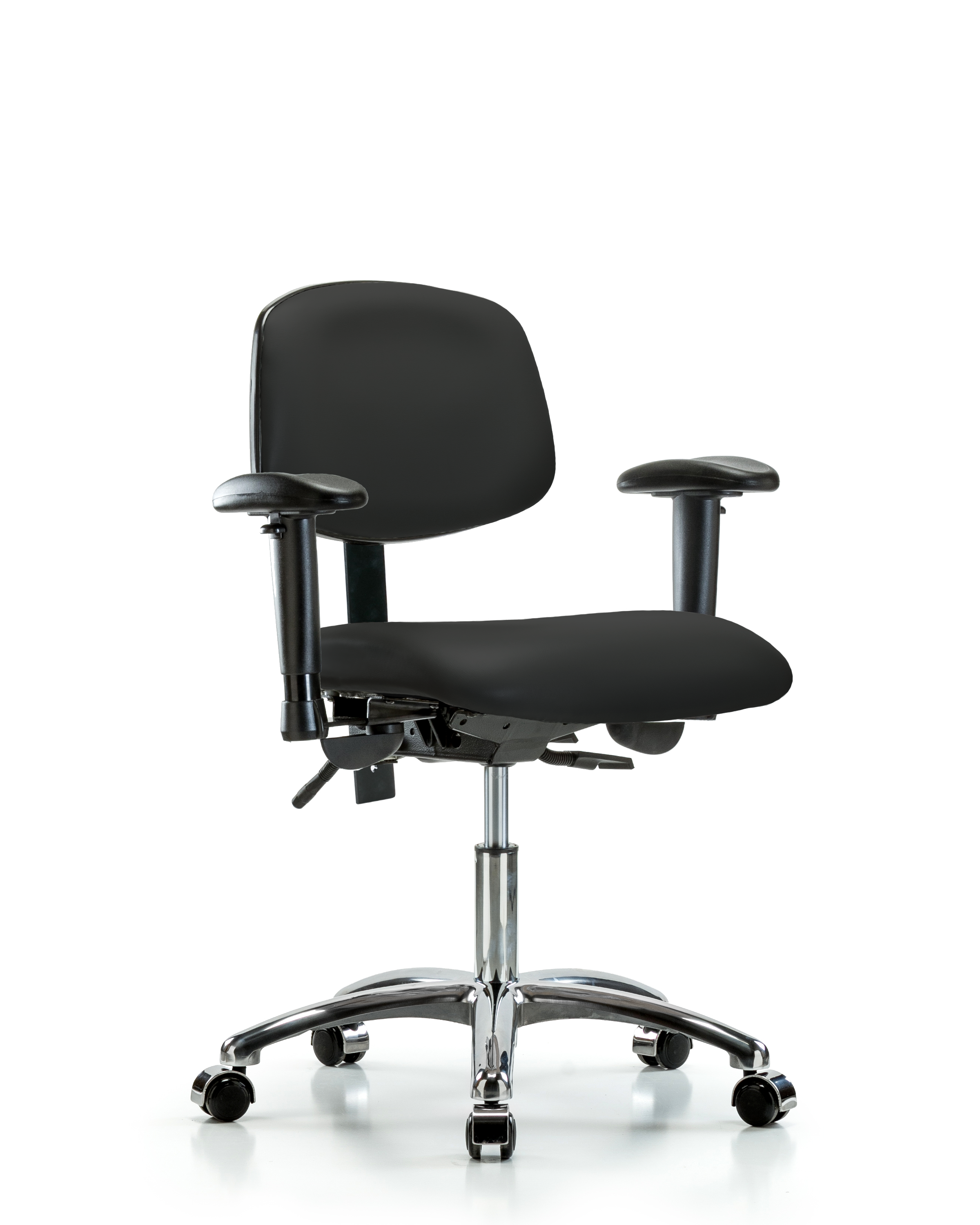 Rutledge Vinyl Chair Chrome - Desk Height with Seat Tilt, Adjustable Arms, & Casters in Black Trailblazer Vinyl