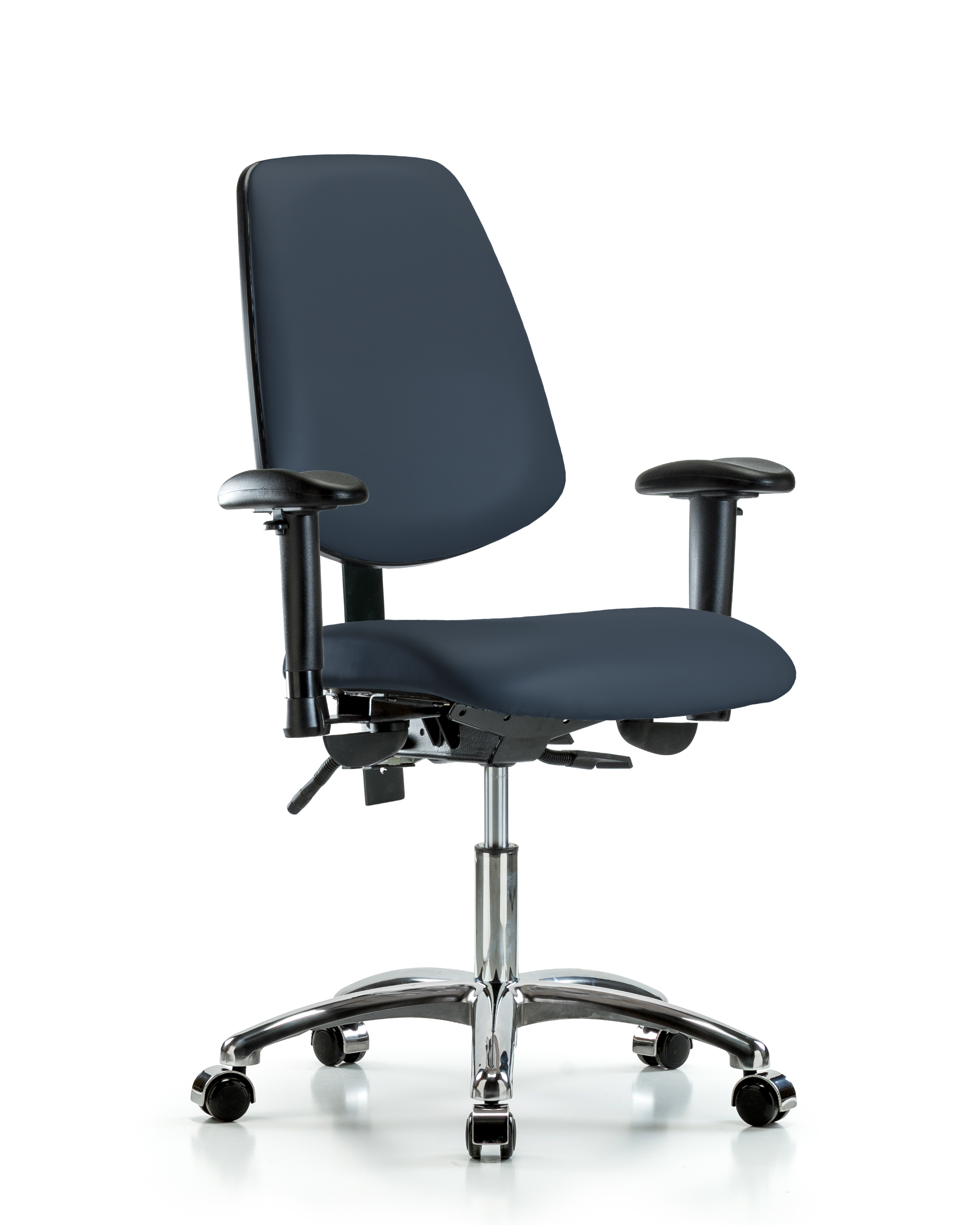Rutledge Vinyl Chair Chrome - Desk Height with Medium Back, Adjustable Arms, & Casters in Imperial Blue Trailblazer Vinyl