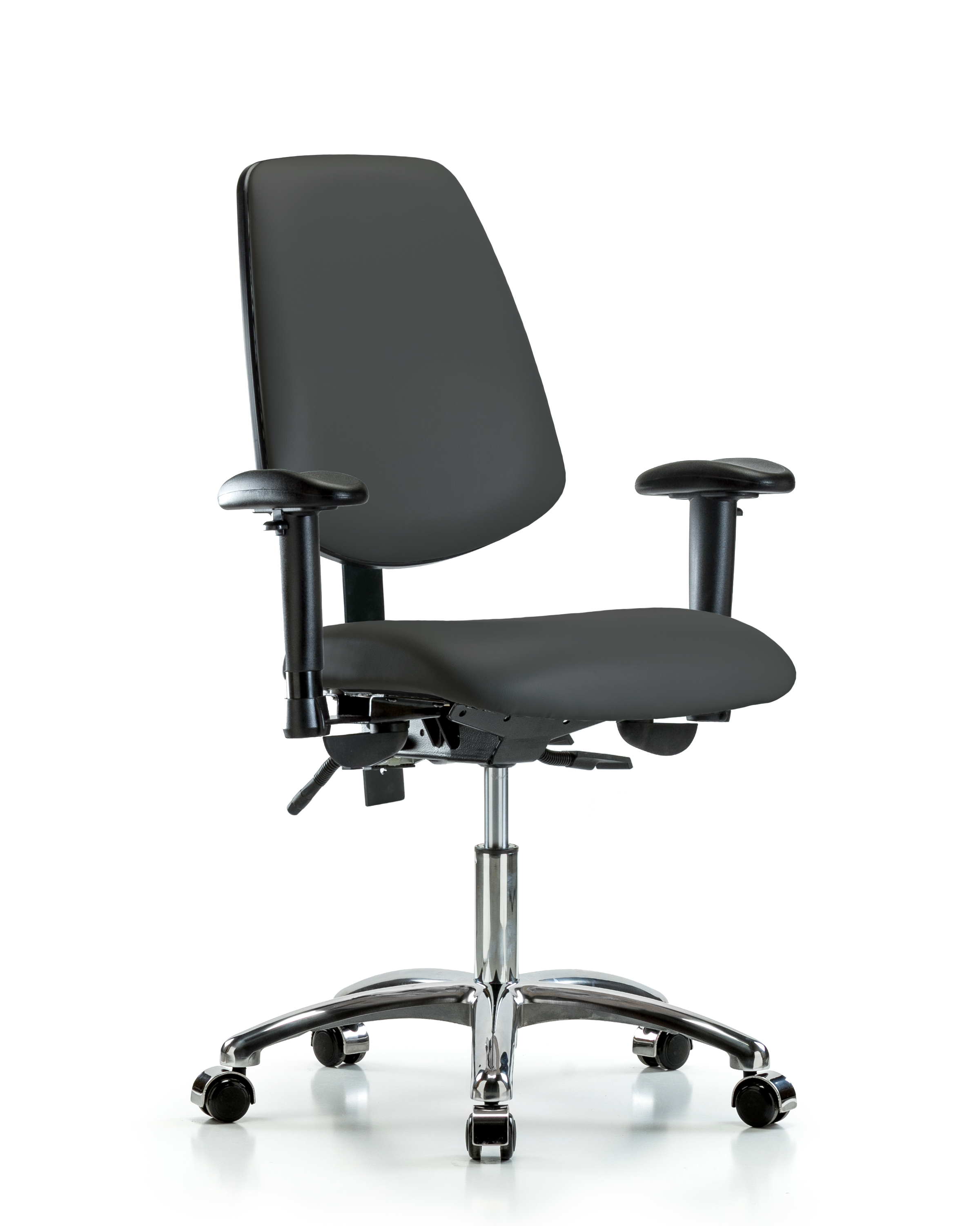 Rutledge Vinyl Chair Chrome - Desk Height with Medium Back, Adjustable Arms, & Casters in Charcoal Trailblazer Vinyl