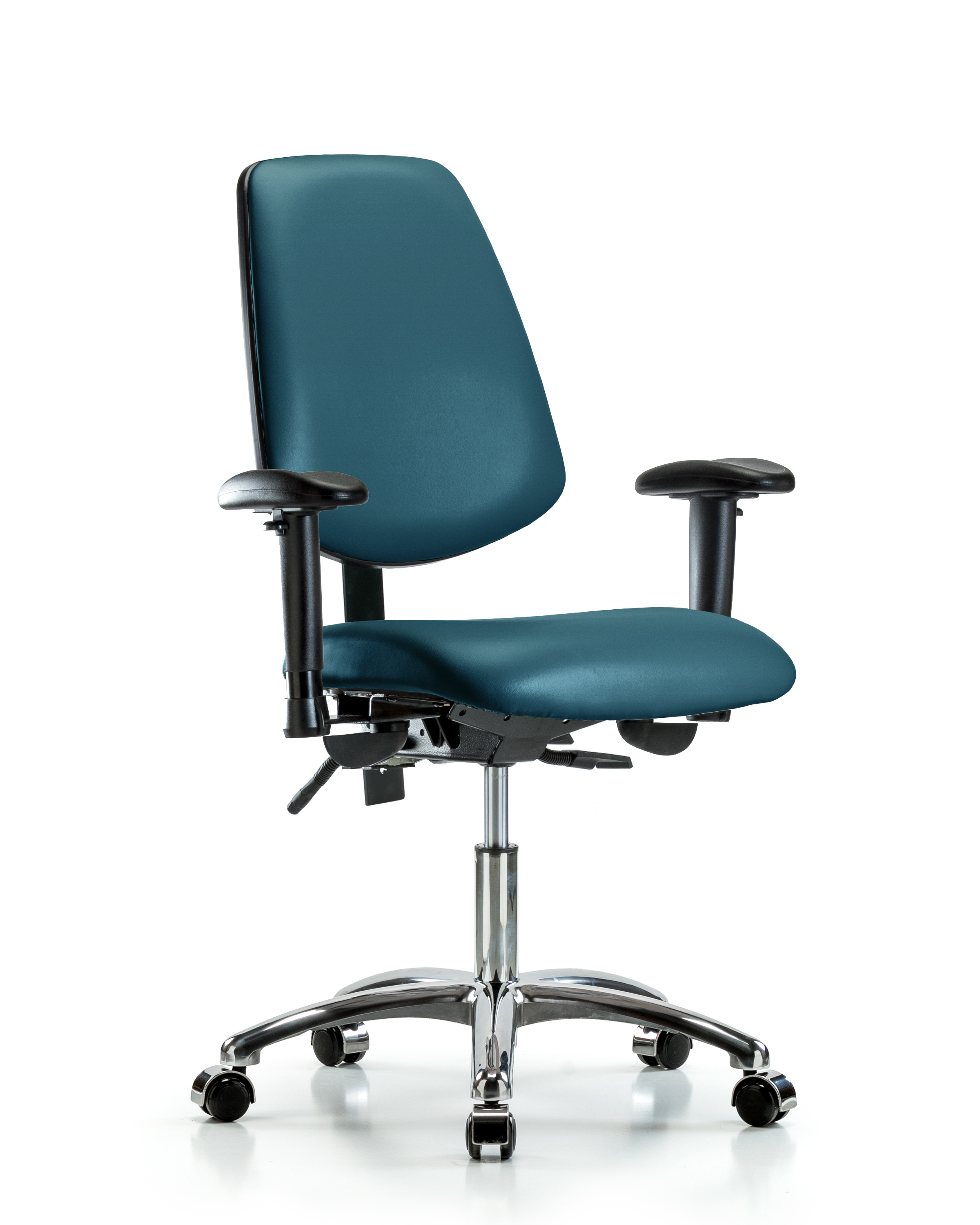Rutledge Vinyl Chair Chrome - Desk Height with Medium Back, Adjustable Arms, & Casters in Marine Blue Supernova Vinyl