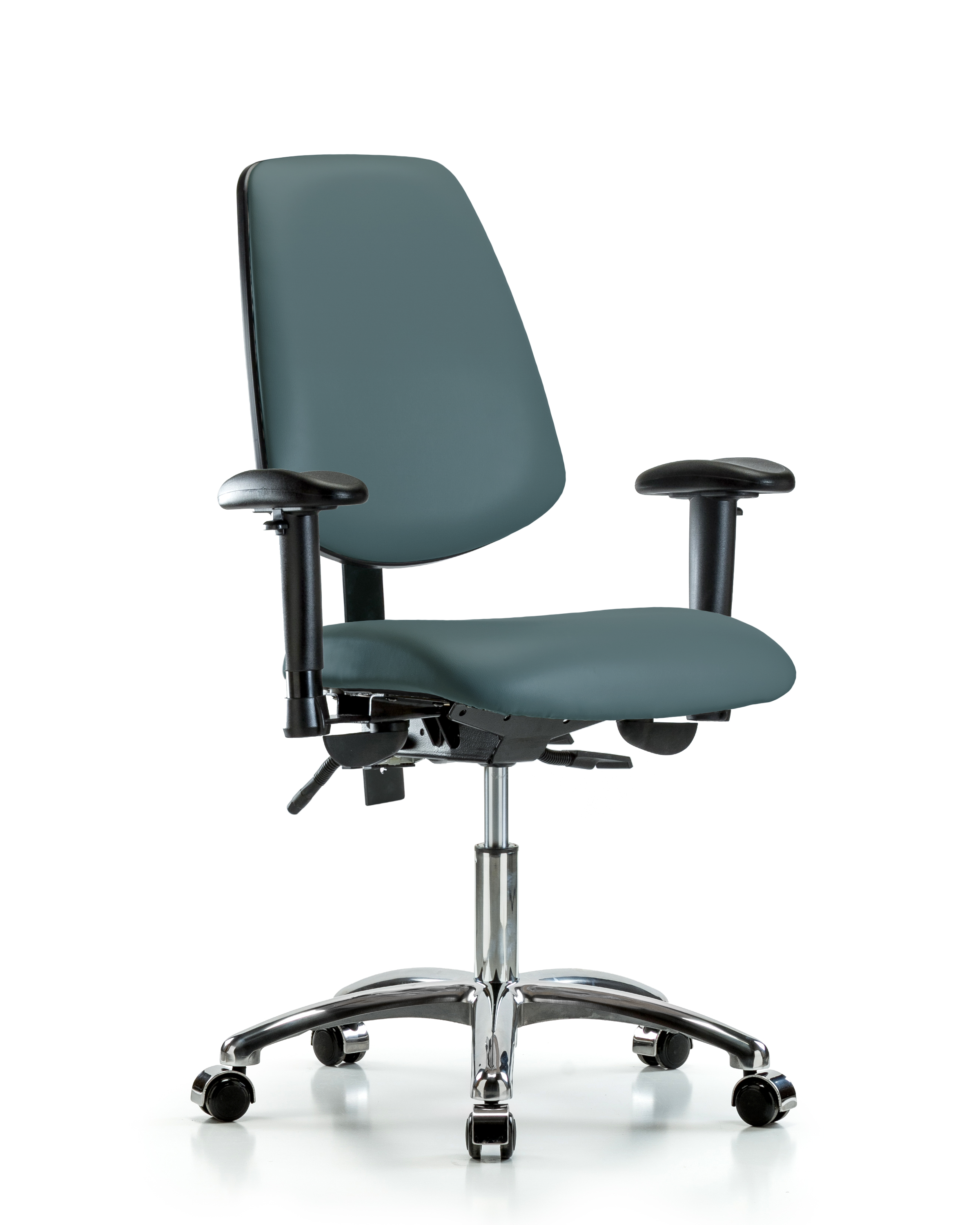 Rutledge Vinyl Chair Chrome - Desk Height with Medium Back, Seat Tilt, Adjustable Arms, & Casters in Colonial Blue Trailblazer Vinyl