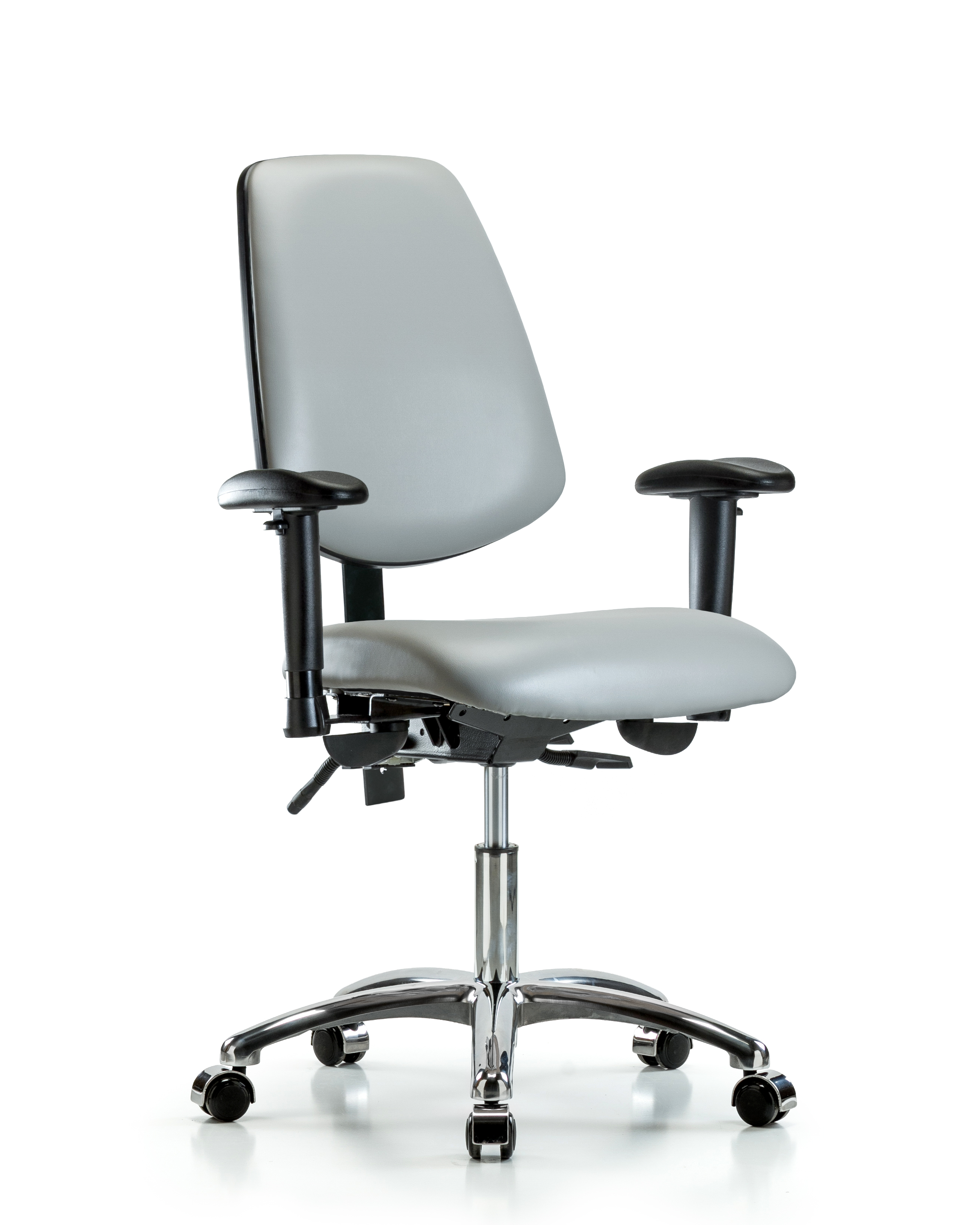 Rutledge Vinyl Chair Chrome - Desk Height with Medium Back, Seat Tilt, Adjustable Arms, & Casters in Dove Trailblazer Vinyl