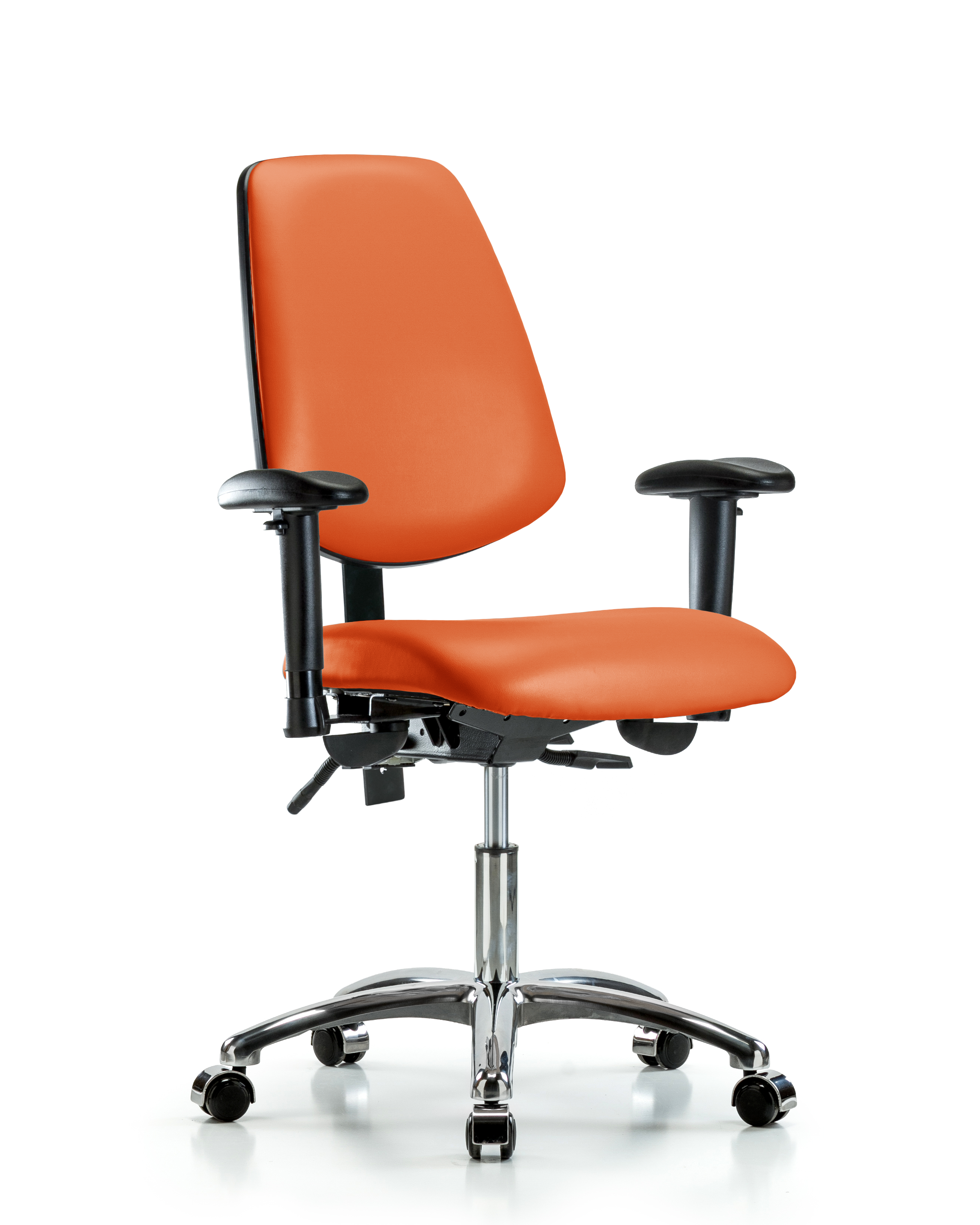 Rutledge Vinyl Chair Chrome - Desk Height with Medium Back, Seat Tilt, Adjustable Arms, & Casters in Orange Kist Trailblazer Vinyl
