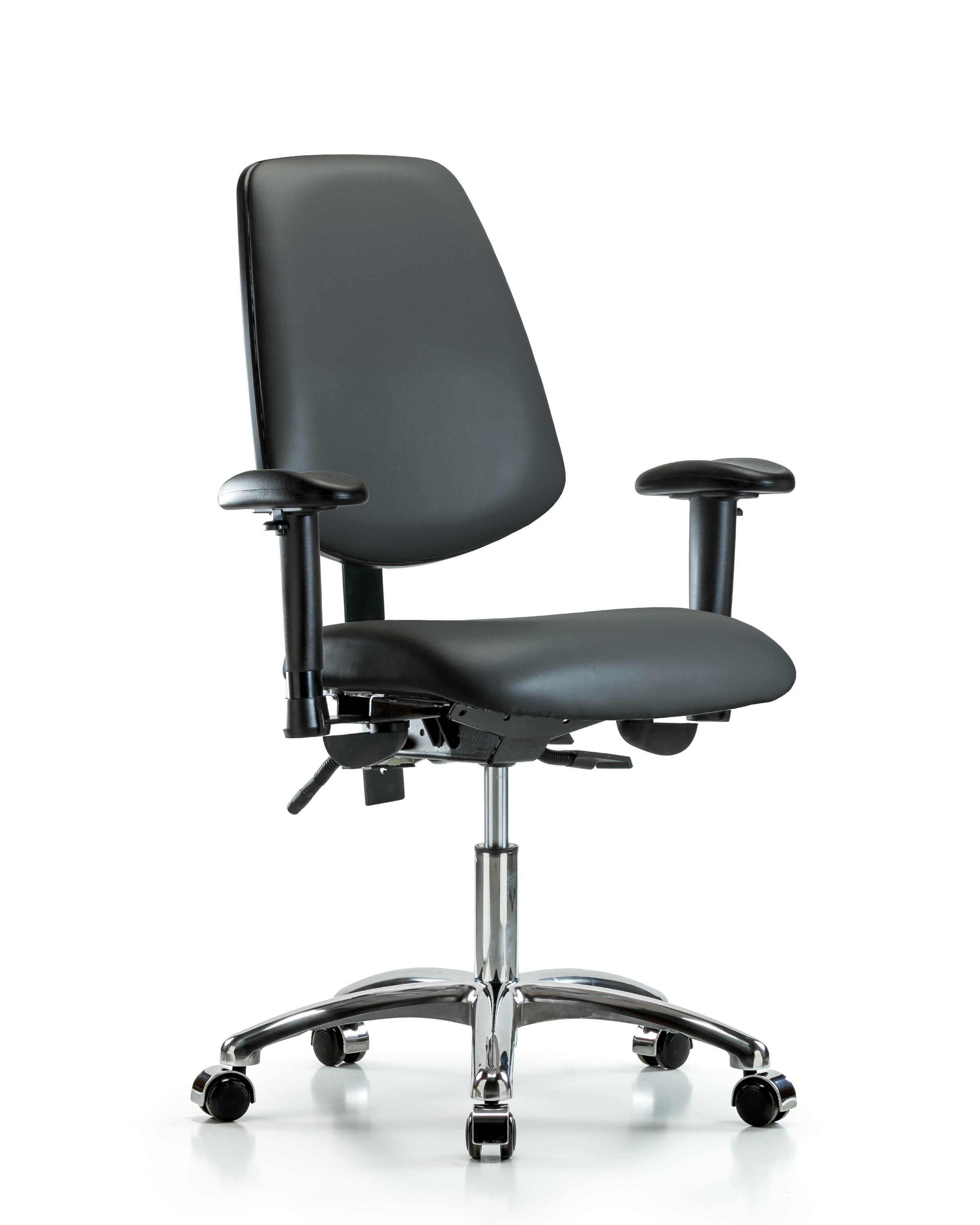 Rutledge Vinyl Chair Chrome - Desk Height with Medium Back, Seat Tilt, Adjustable Arms, & Casters in Carbon Supernova Vinyl