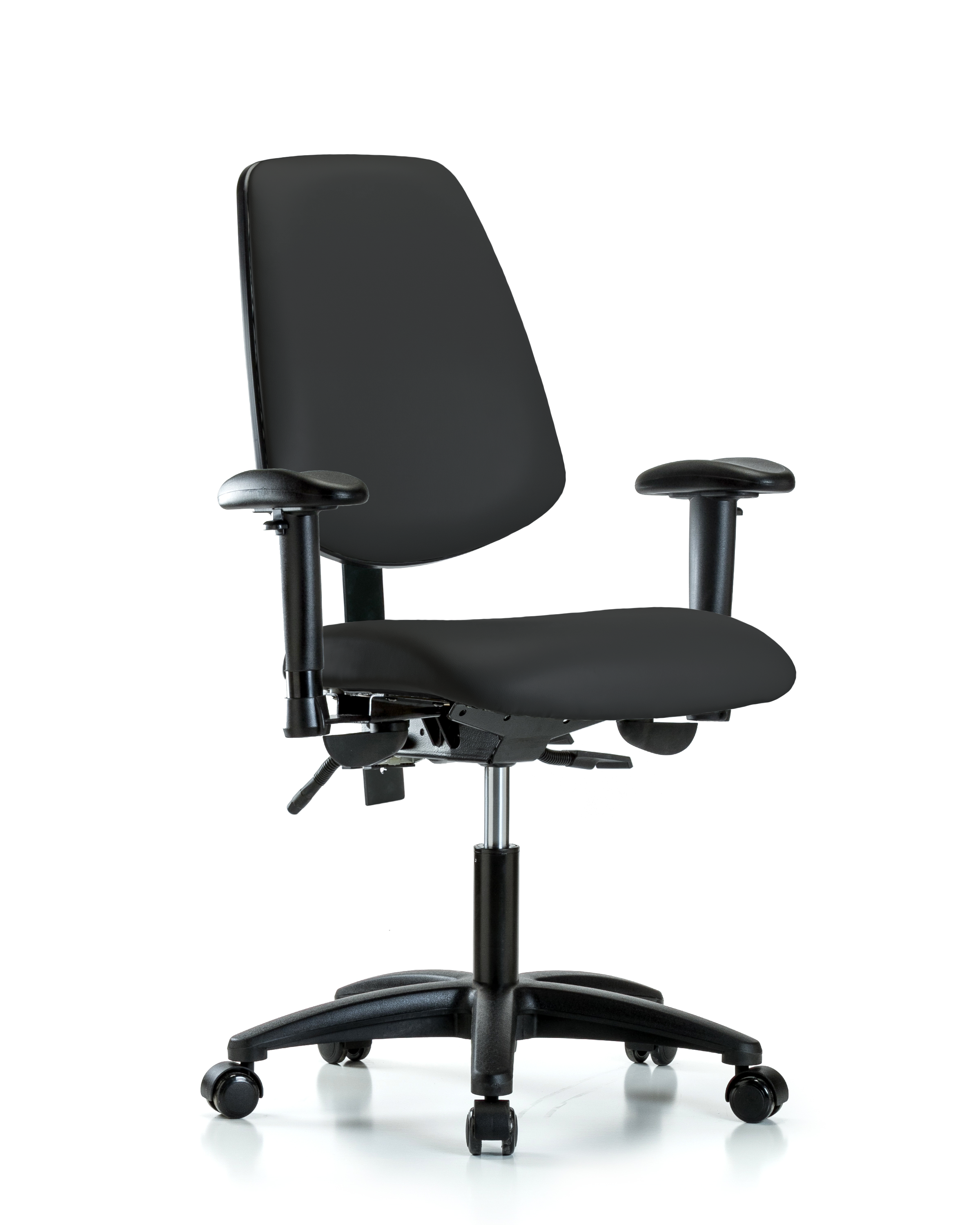 Rutledge Vinyl Chair - Desk Height with Medium Back, Adjustable Arms, & Casters in Black Trailblazer Vinyl