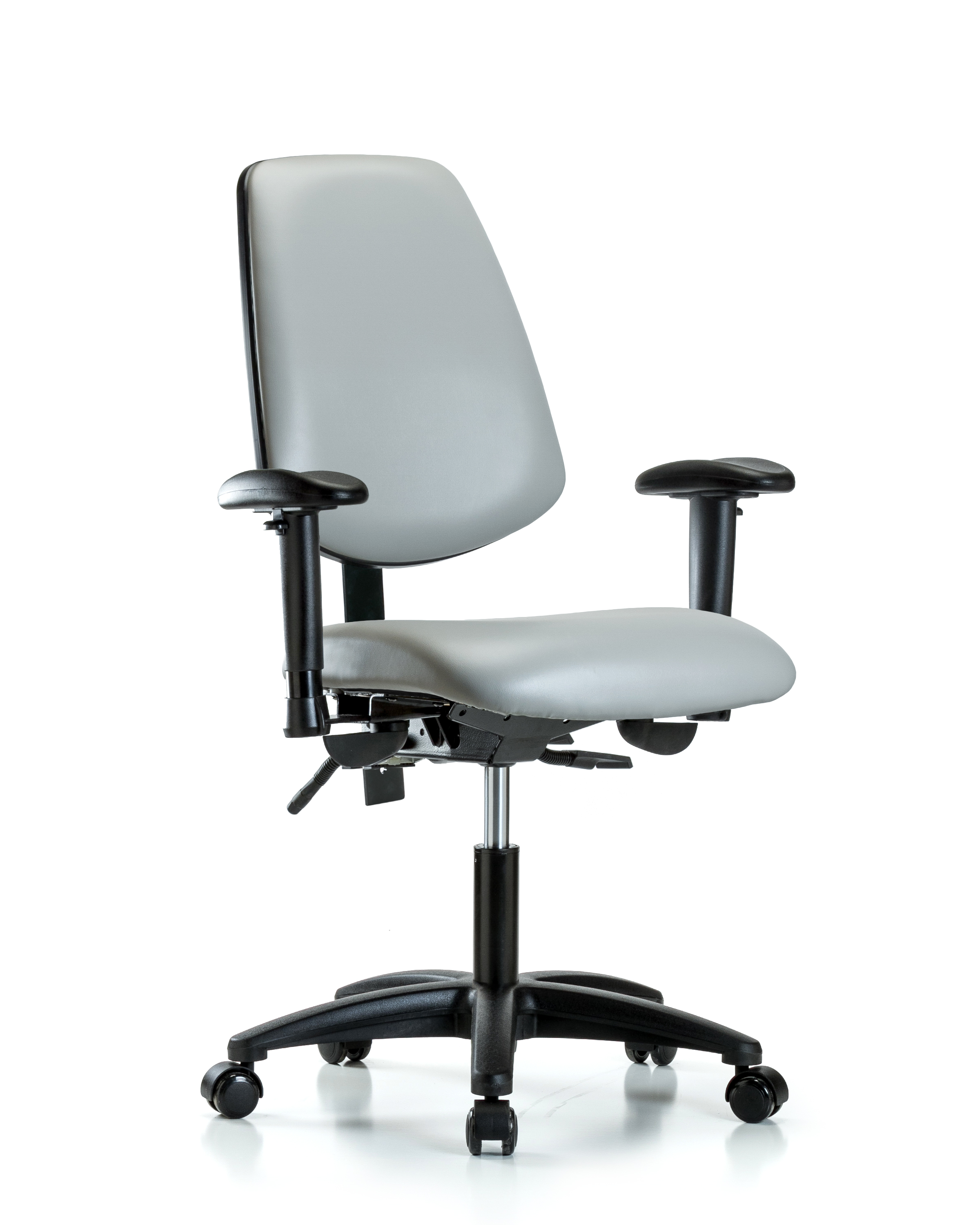 Rutledge Vinyl Chair - Desk Height with Medium Back, Seat Tilt, Adjustable Arms, & Casters in Dove Trailblazer Vinyl