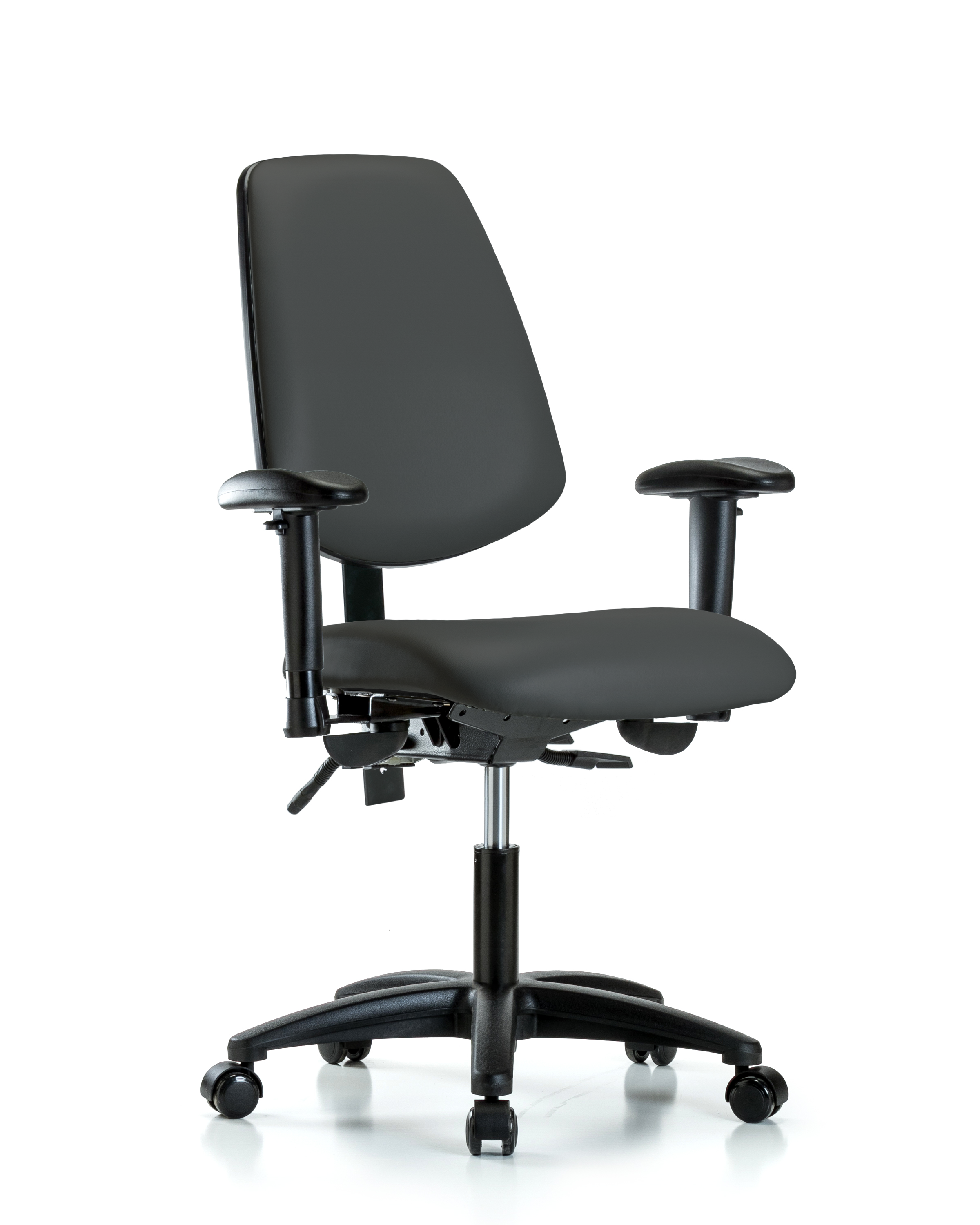 Rutledge Vinyl Chair - Desk Height with Medium Back, Seat Tilt, Adjustable Arms, & Casters in Charcoal Trailblazer Vinyl