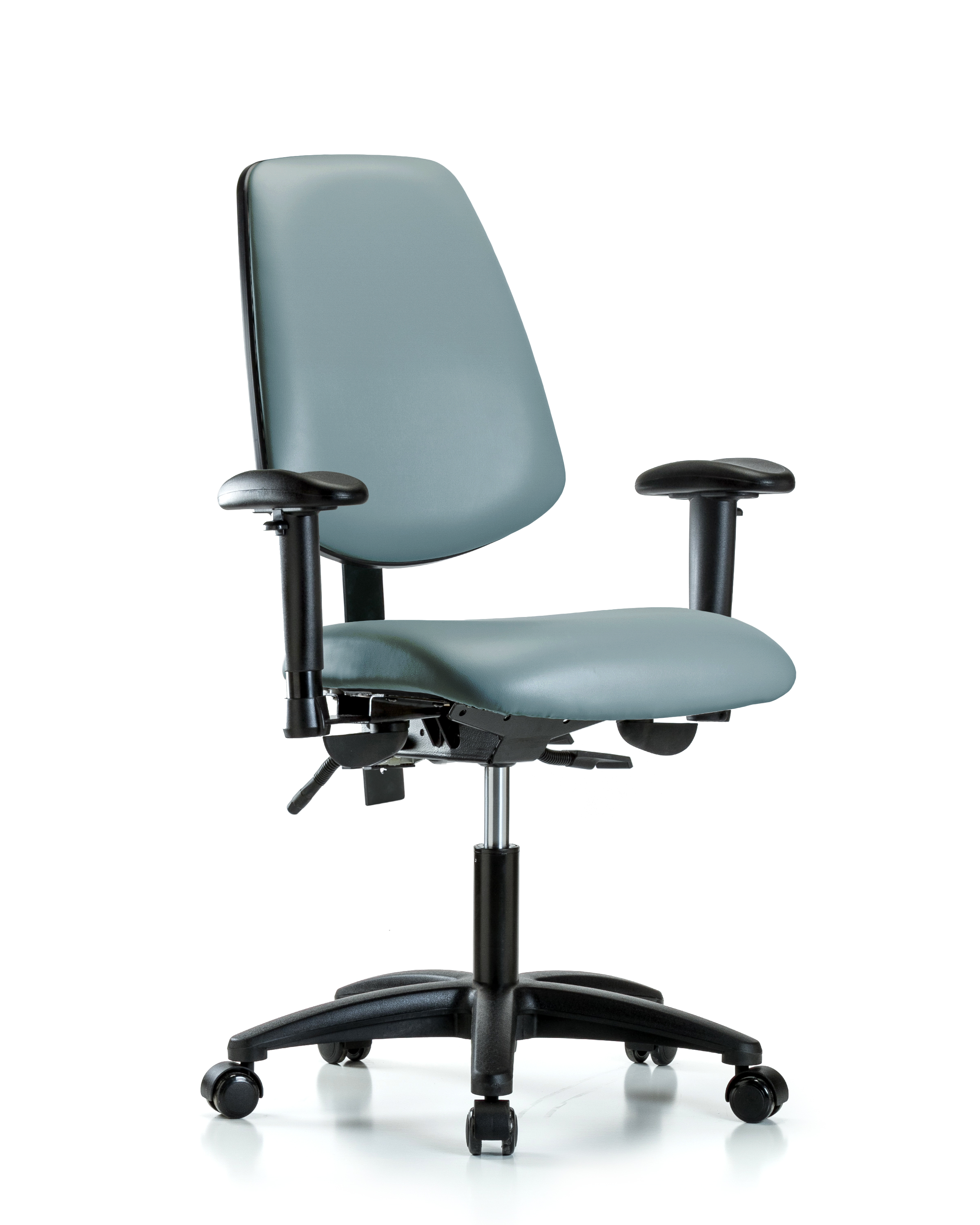 Rutledge Vinyl Chair - Desk Height with Medium Back, Seat Tilt, Adjustable Arms, & Casters in Storm Supernova Vinyl