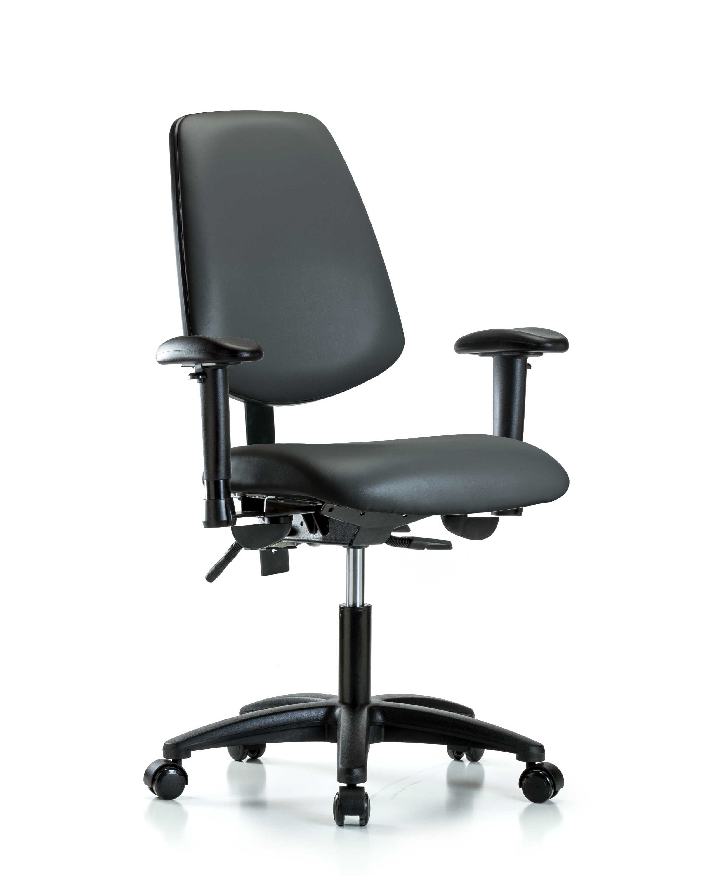 Rutledge Vinyl Chair - Desk Height with Medium Back, Seat Tilt, Adjustable Arms, & Casters in Carbon Supernova Vinyl
