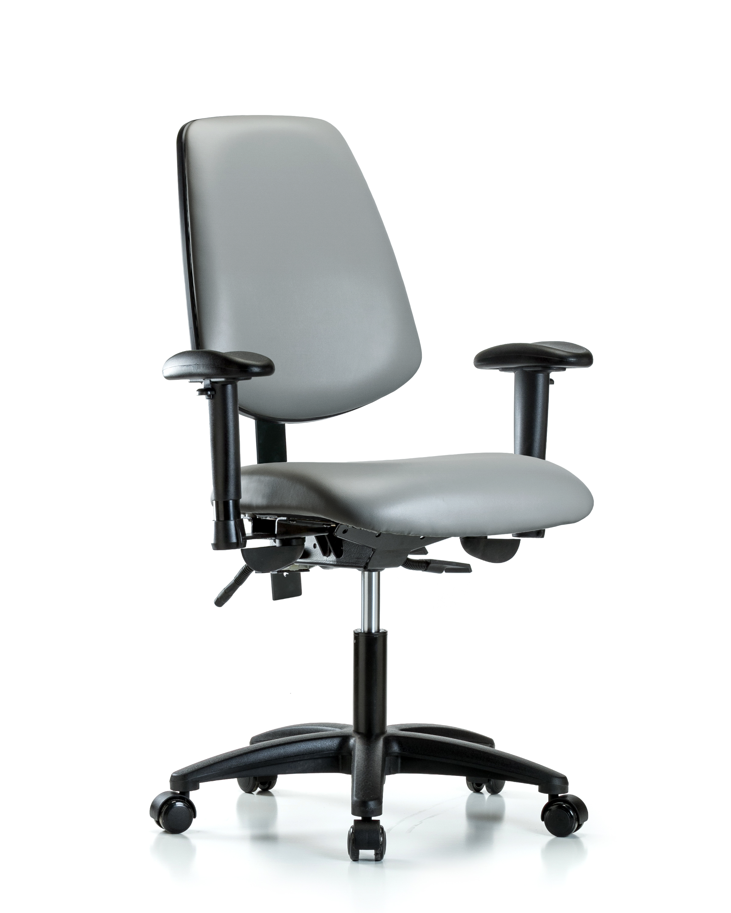 Rutledge Vinyl Chair - Desk Height with Medium Back, Seat Tilt, Adjustable Arms, & Casters in Sterling Supernova Vinyl