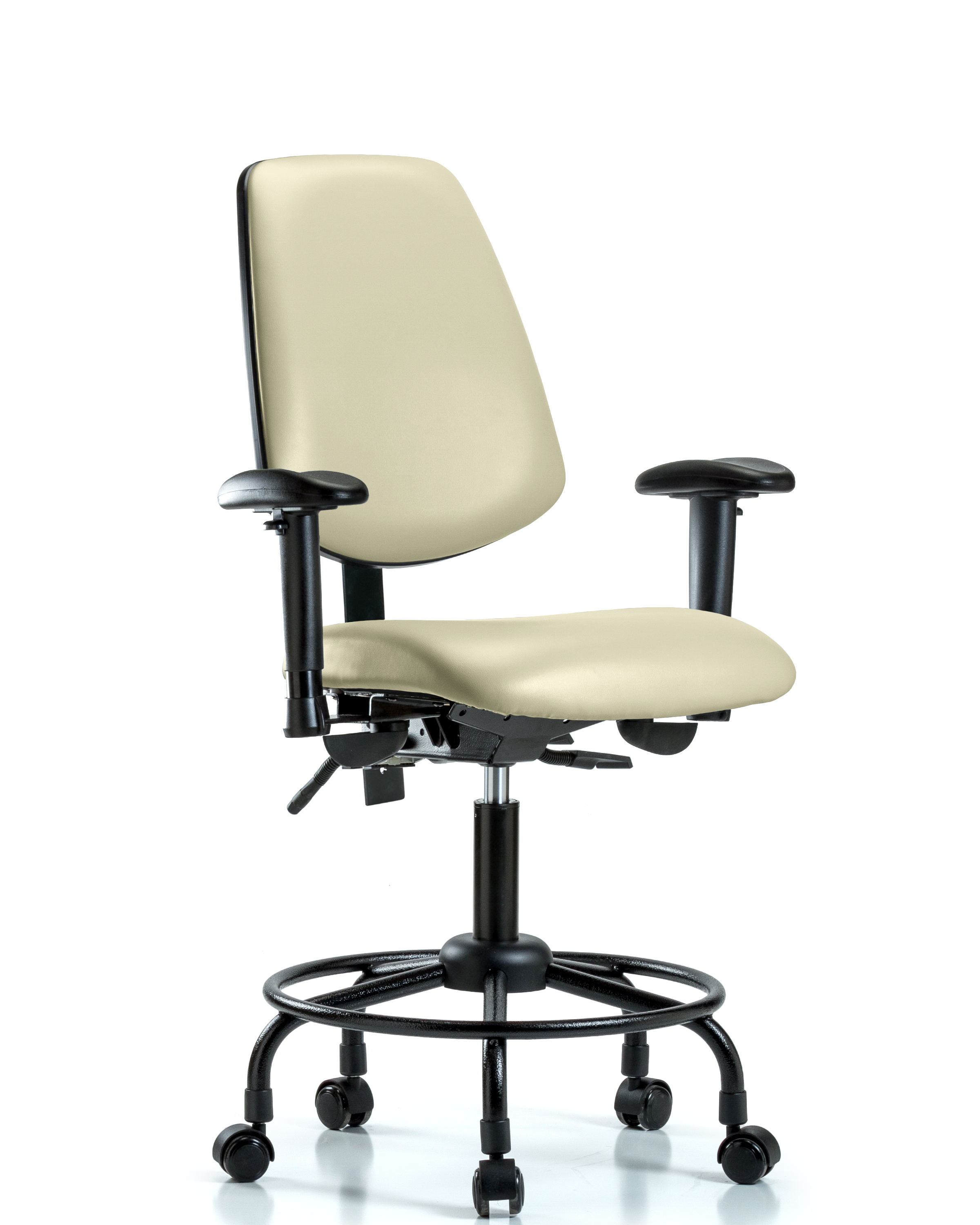 Rutledge Vinyl Chair - Desk Height with Round Tube Base, Medium Back, Adjustable Arms, & Casters in Adobe White Trailblazer Vinyl