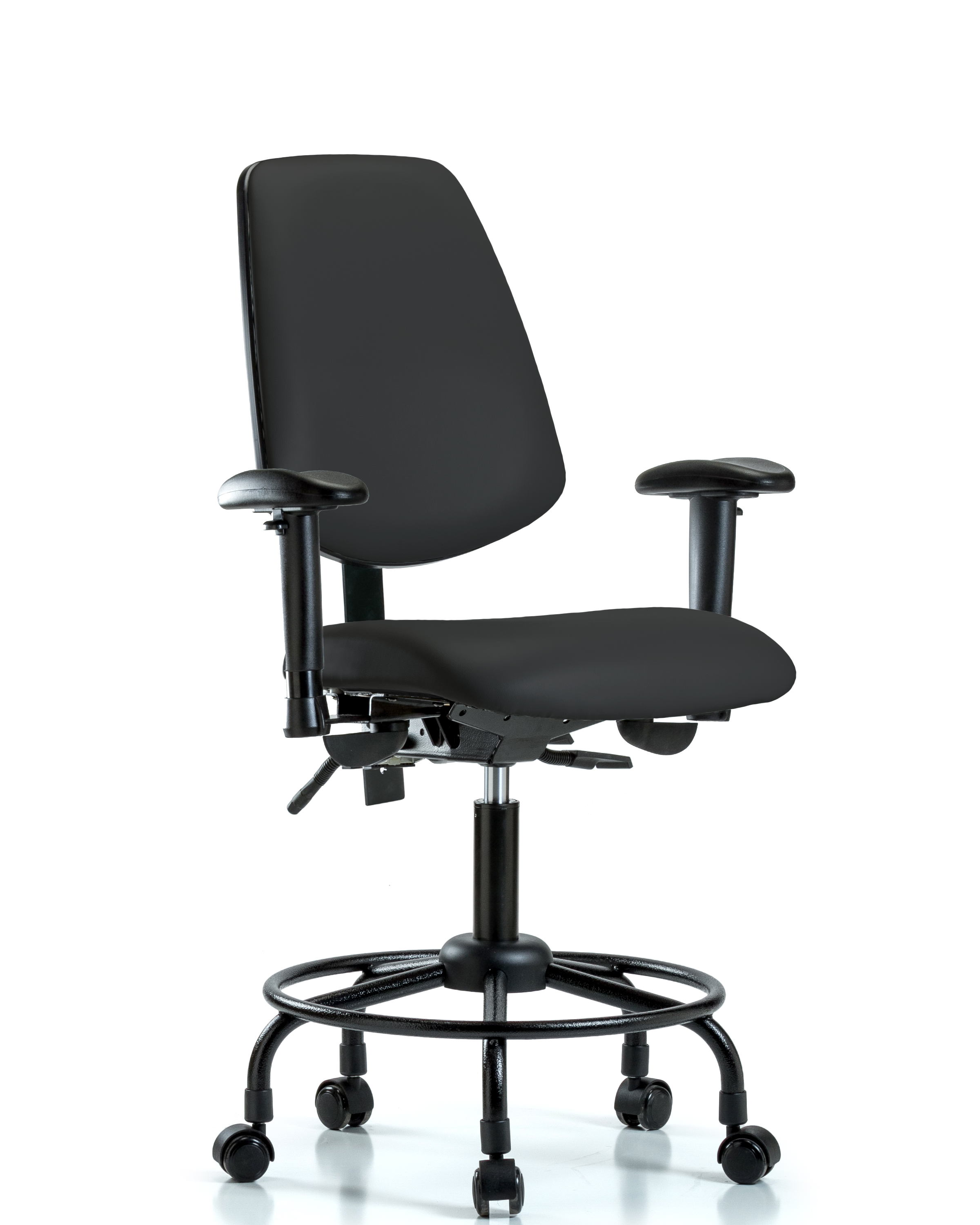 Rutledge Vinyl Chair - Desk Height with Round Tube Base, Medium Back, Adjustable Arms, & Casters in Black Trailblazer Vinyl