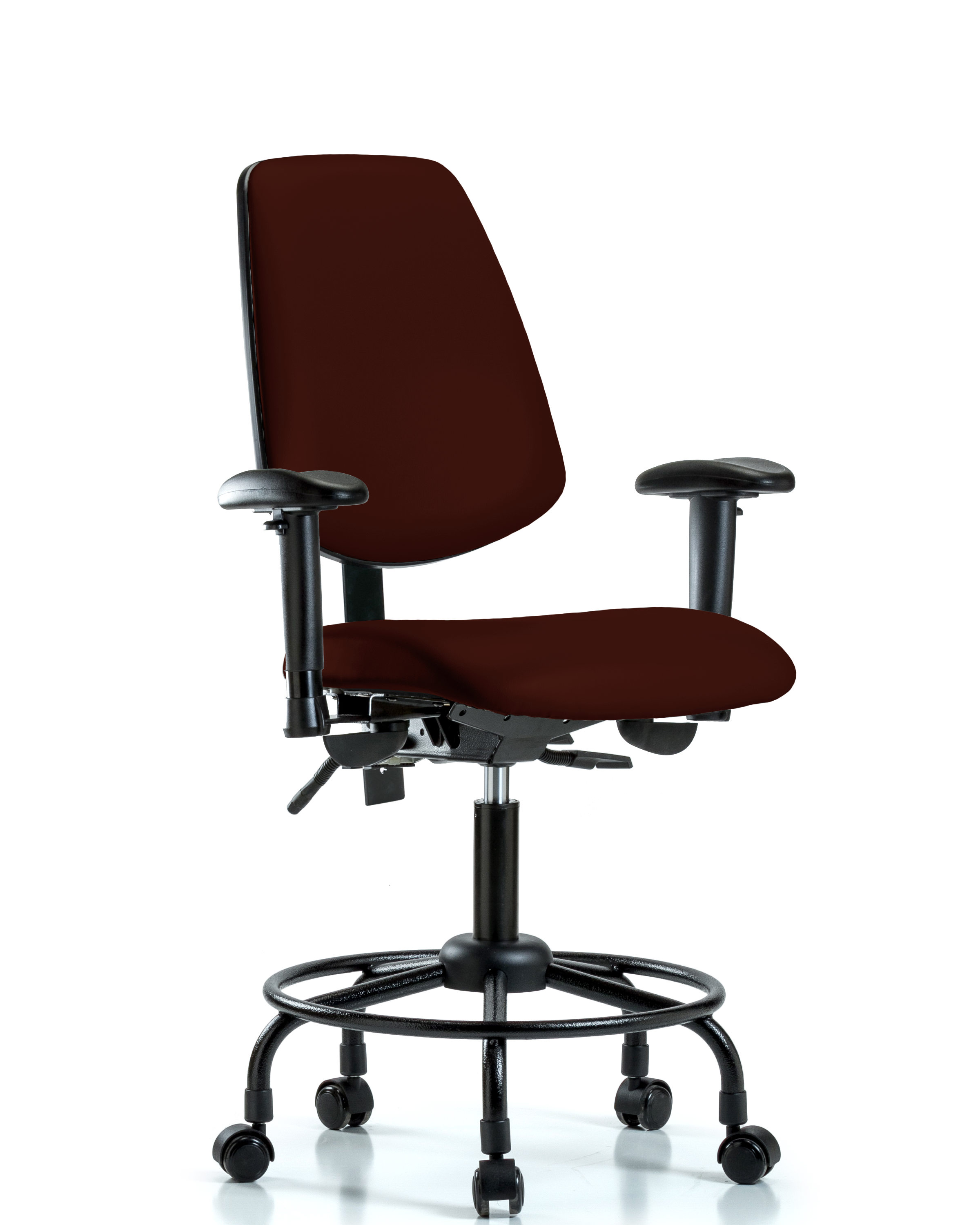 Rutledge Vinyl Chair - Desk Height with Round Tube Base, Medium Back, Adjustable Arms, & Casters in Burgundy Trailblazer Vinyl