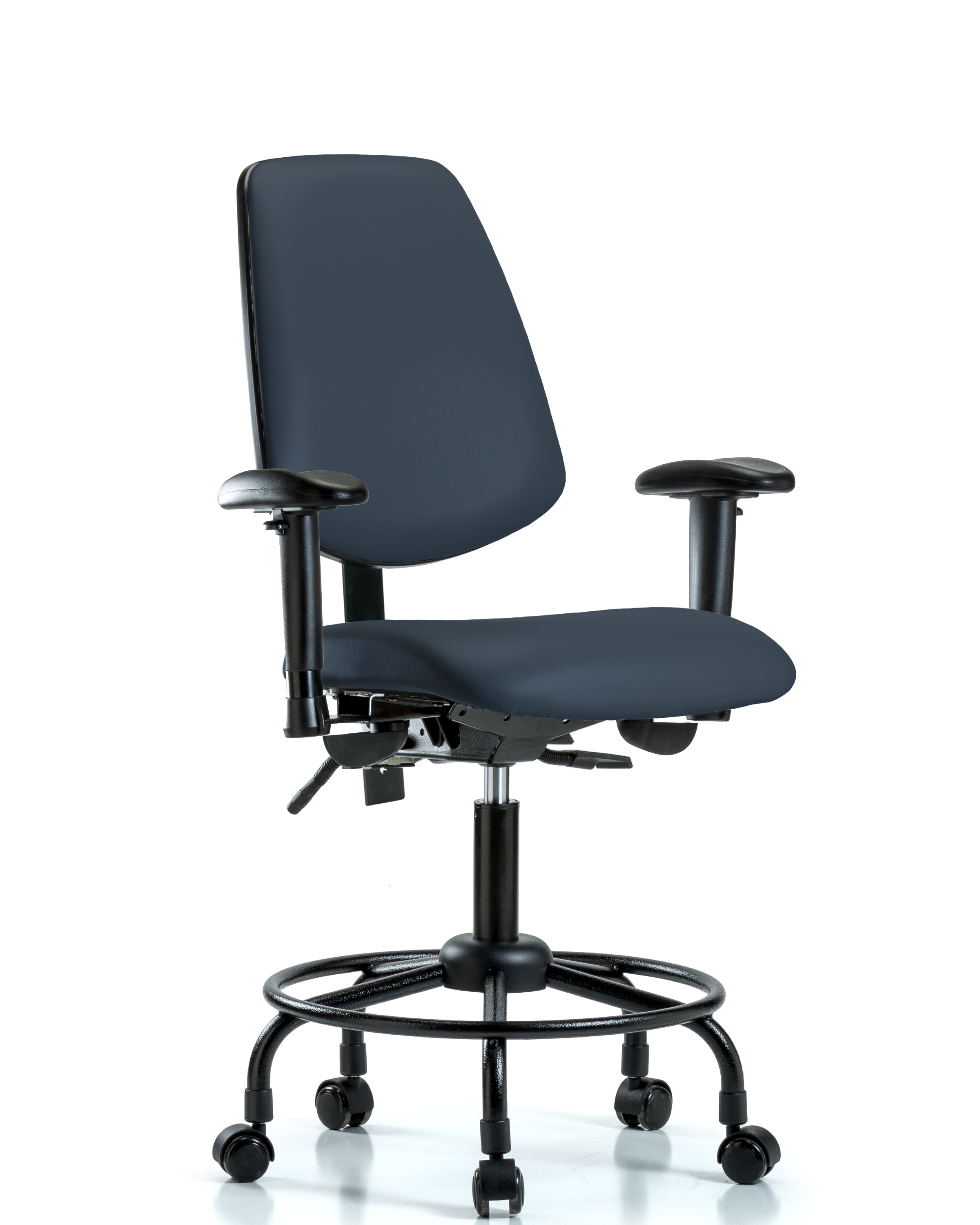 Rutledge Vinyl Chair - Desk Height with Round Tube Base, Medium Back, Adjustable Arms, & Casters in Imperial Blue Trailblazer Vinyl