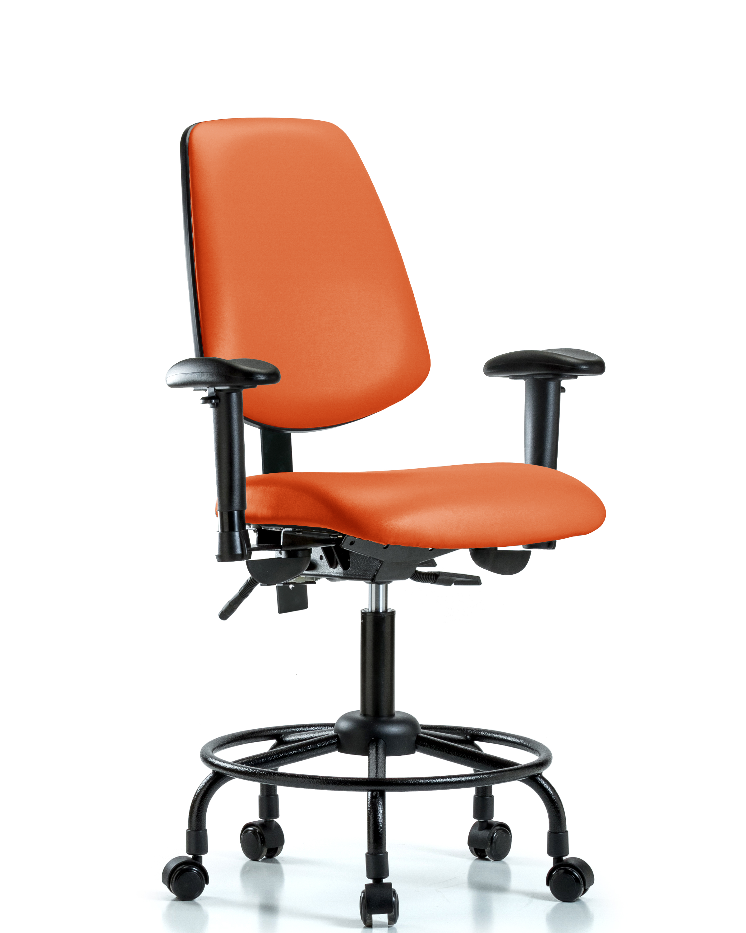 Rutledge Vinyl Chair - Desk Height with Round Tube Base, Medium Back, Adjustable Arms, & Casters in Orange Kist Trailblazer Vinyl