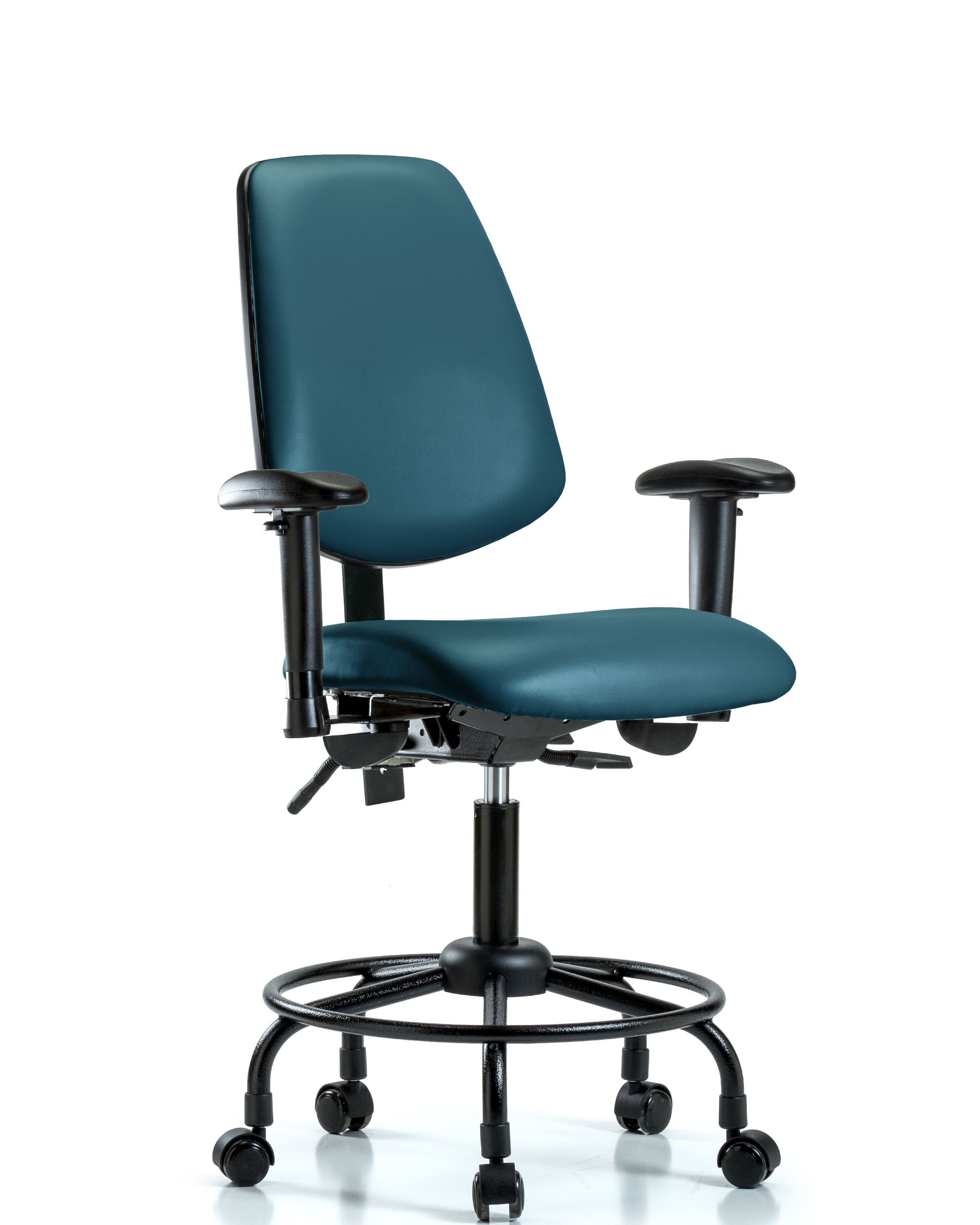 Rutledge Vinyl Chair - Desk Height with Round Tube Base, Medium Back, Adjustable Arms, & Casters in Marine Blue Supernova Vinyl