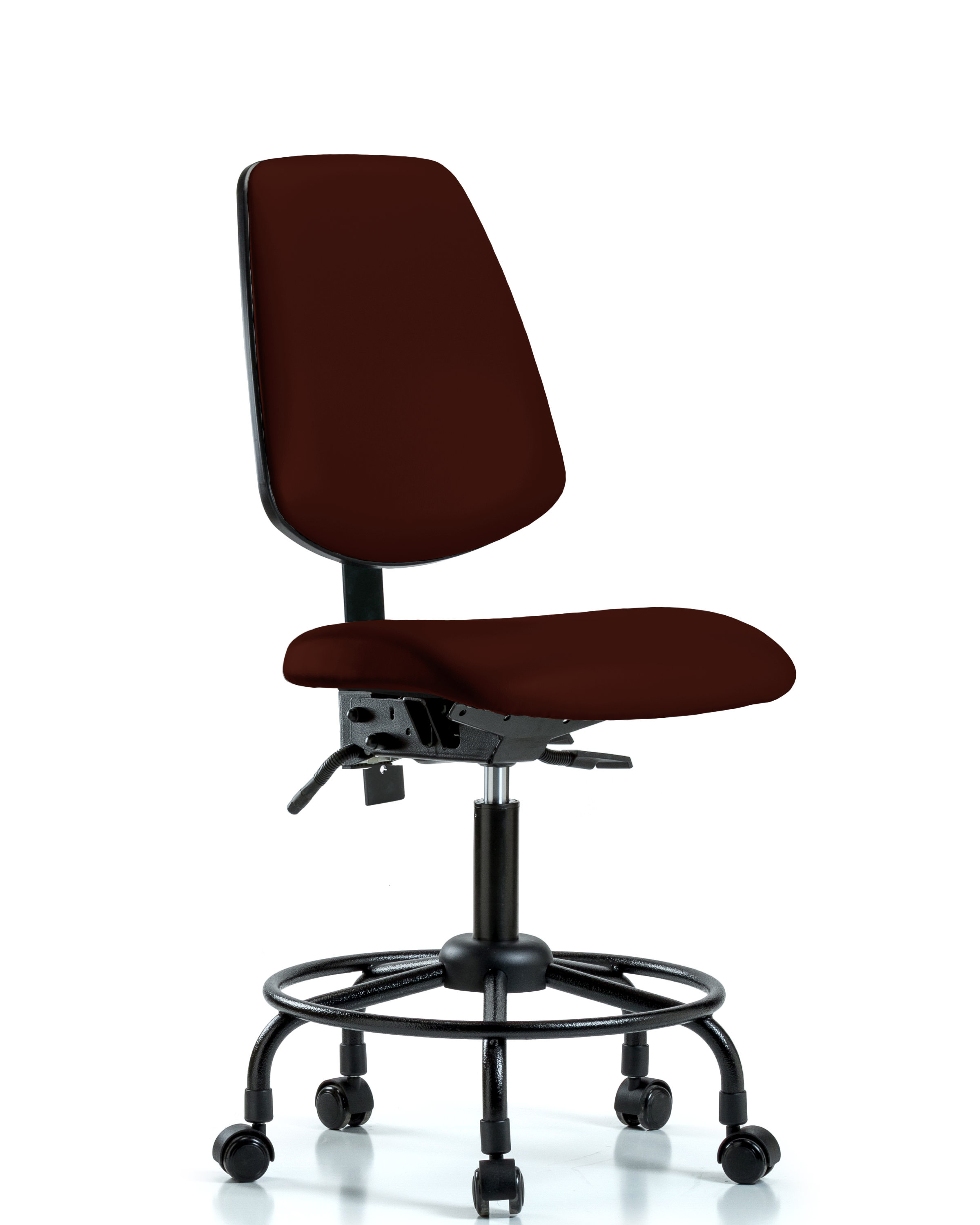 Rutledge Vinyl Chair - Desk Height with Round Tube Base, Medium Back, Seat Tilt, & Casters in Burgundy Trailblazer Vinyl
