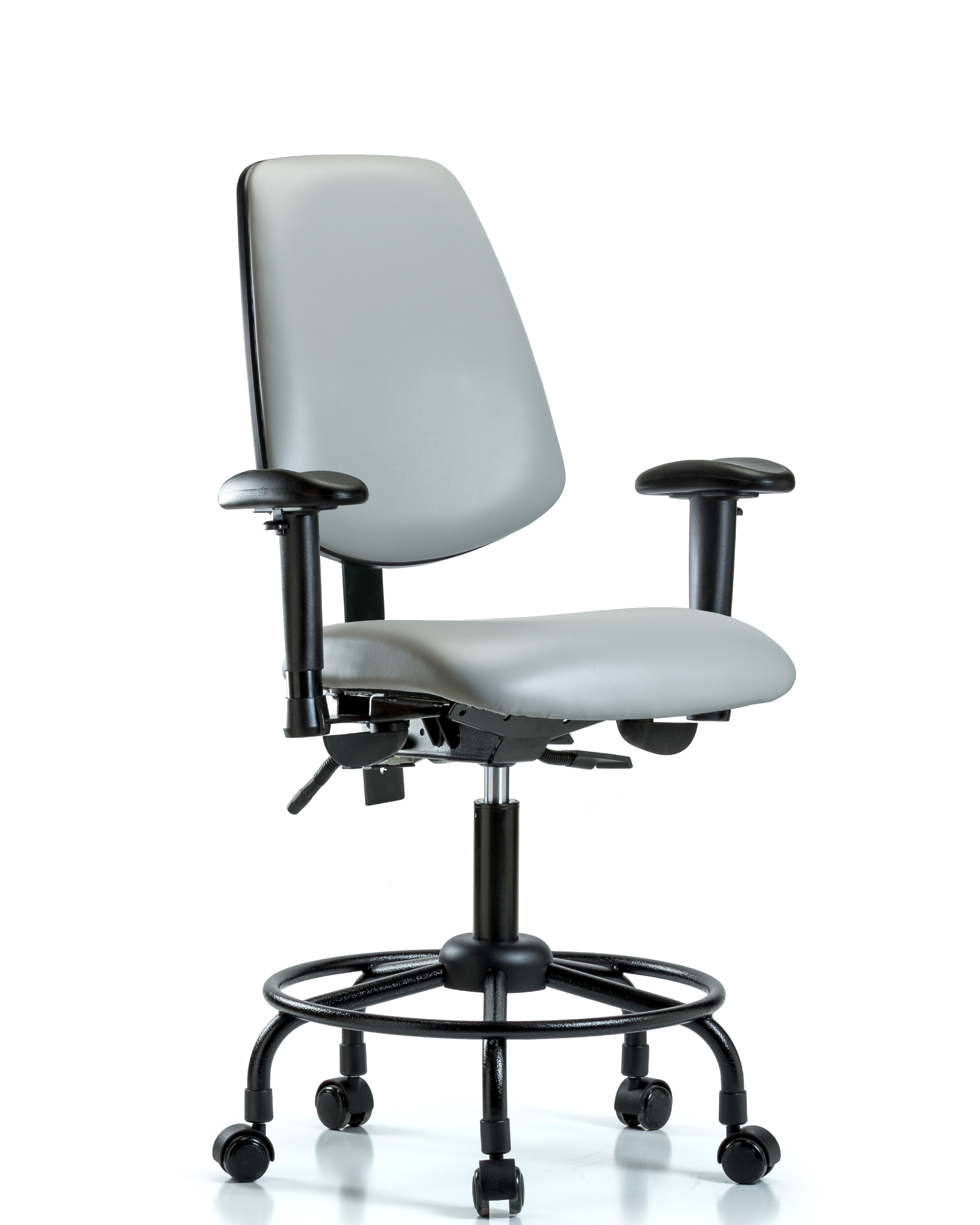 Rutledge Vinyl Chair - Desk Height with Round Tube Base, Medium Back, Seat Tilt, Adjustable Arms, & Casters in Dove Trailblazer Vinyl