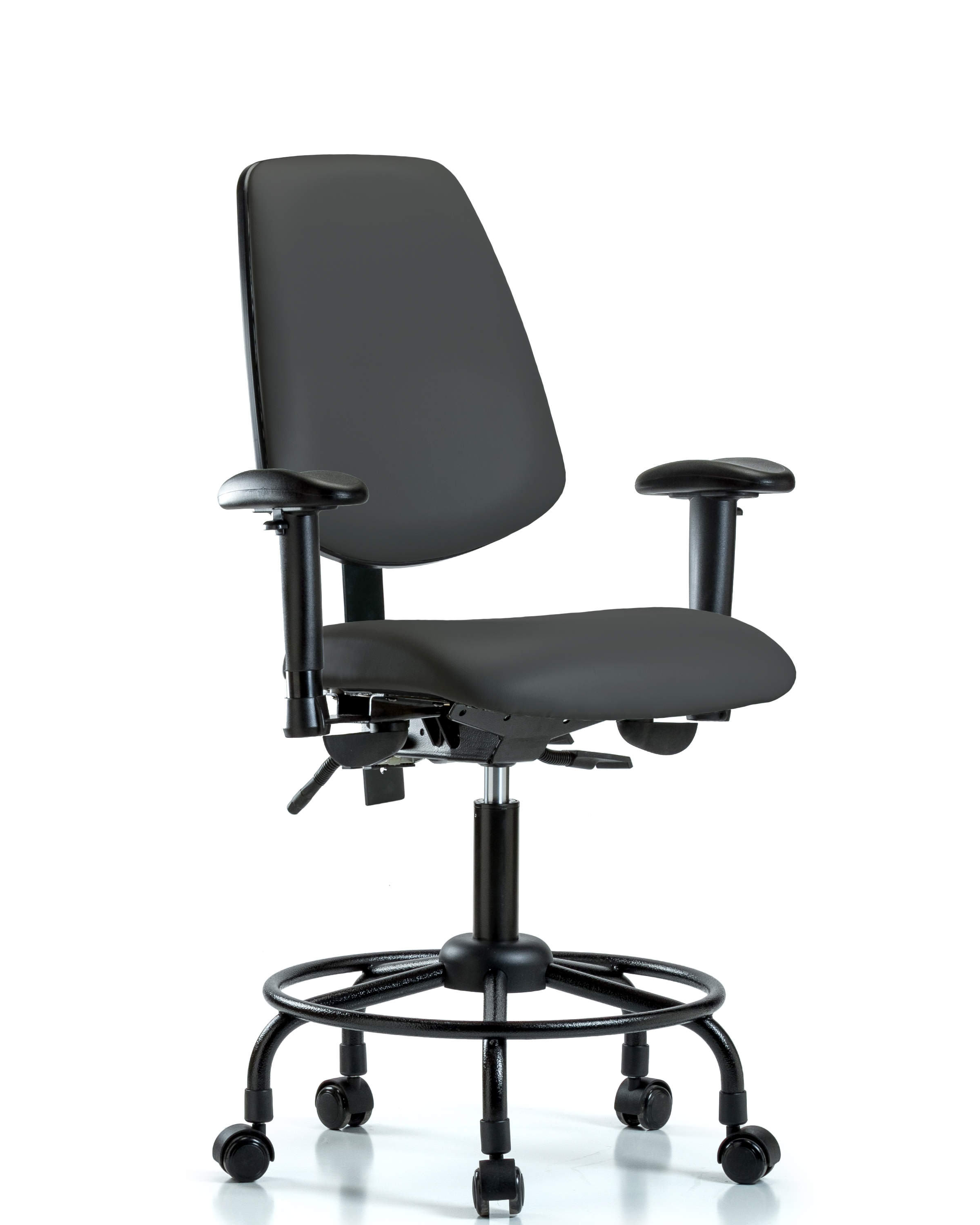 Rutledge Vinyl Chair - Desk Height with Round Tube Base, Medium Back, Seat Tilt, Adjustable Arms, & Casters in Charcoal Trailblazer Vinyl