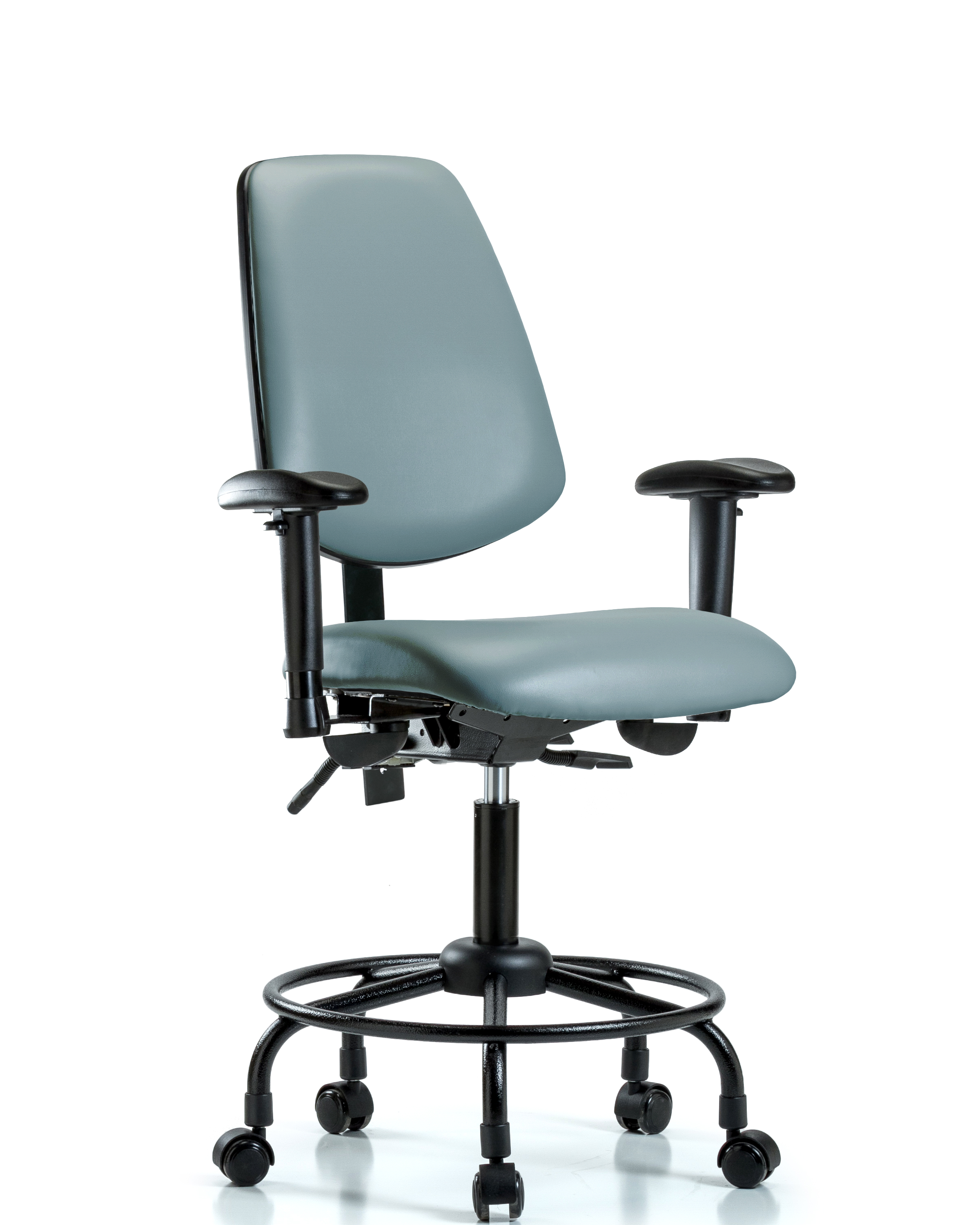 Rutledge Vinyl Chair - Desk Height with Round Tube Base, Medium Back, Seat Tilt, Adjustable Arms, & Casters in Storm Supernova Vinyl