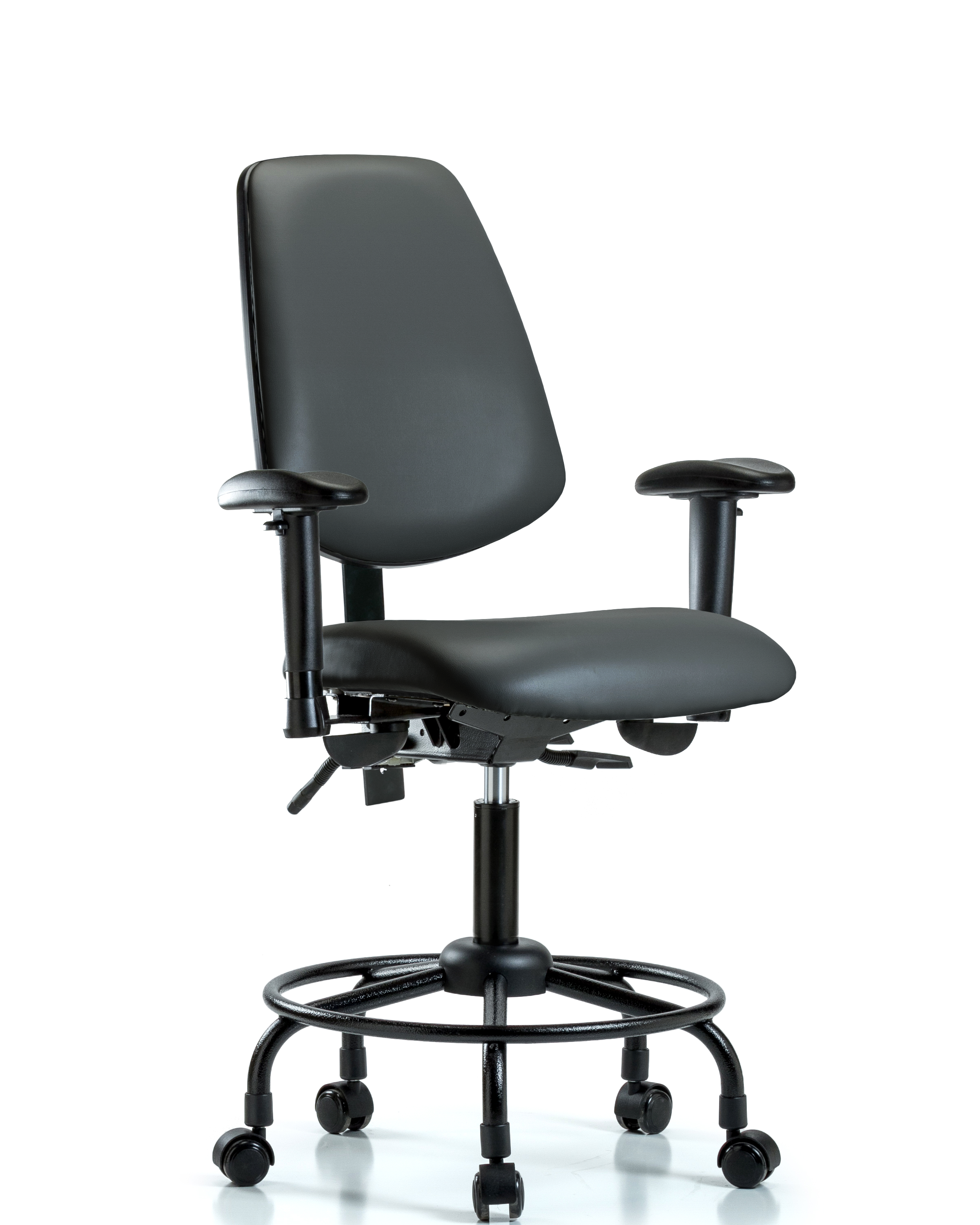 Rutledge Vinyl Chair - Desk Height with Round Tube Base, Medium Back, Seat Tilt, Adjustable Arms, & Casters in Carbon Supernova Vinyl