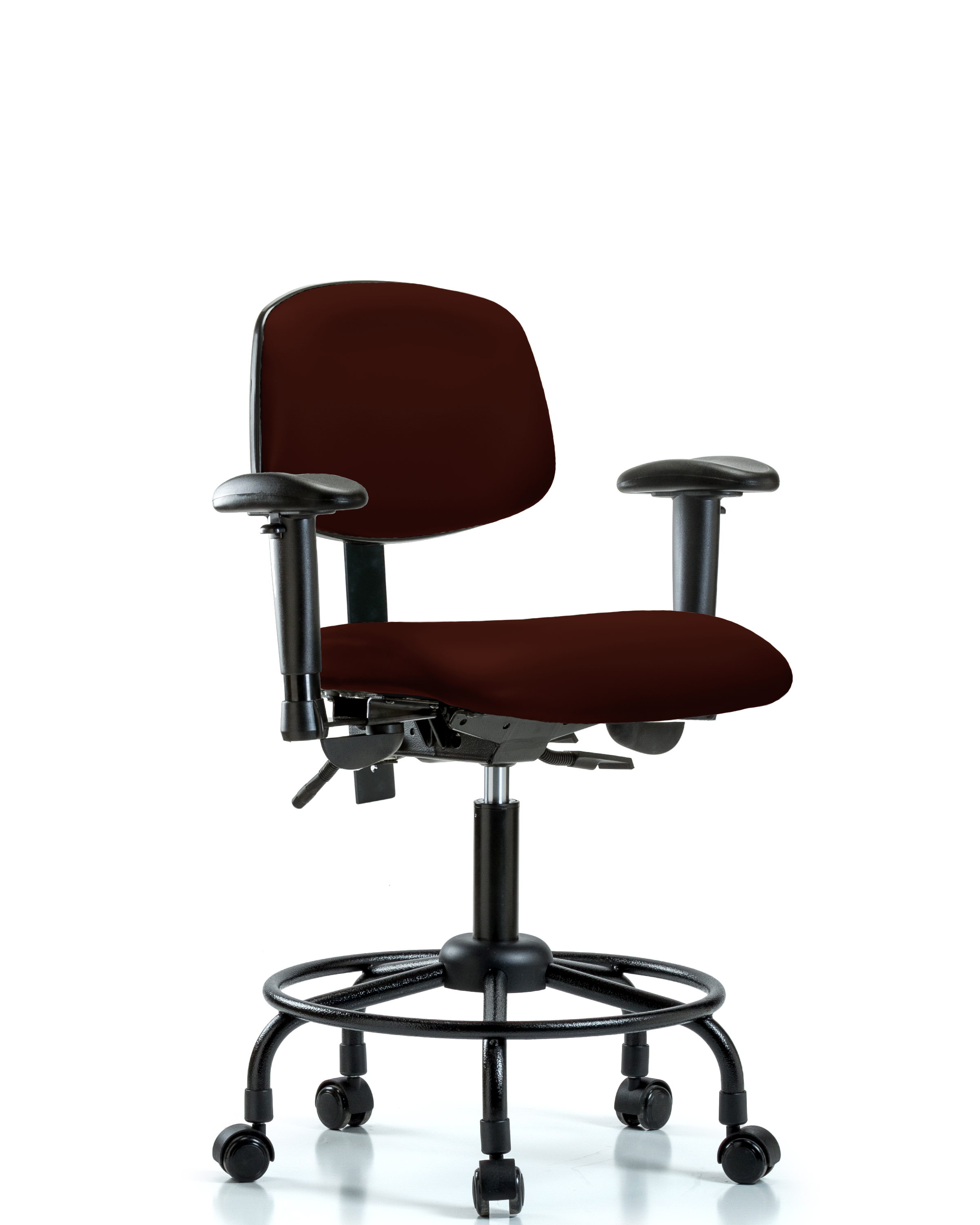 Rutledge Vinyl Chair - Desk Height with Round Tube Base, Adjustable Arms, & Casters in Burgundy Trailblazer Vinyl