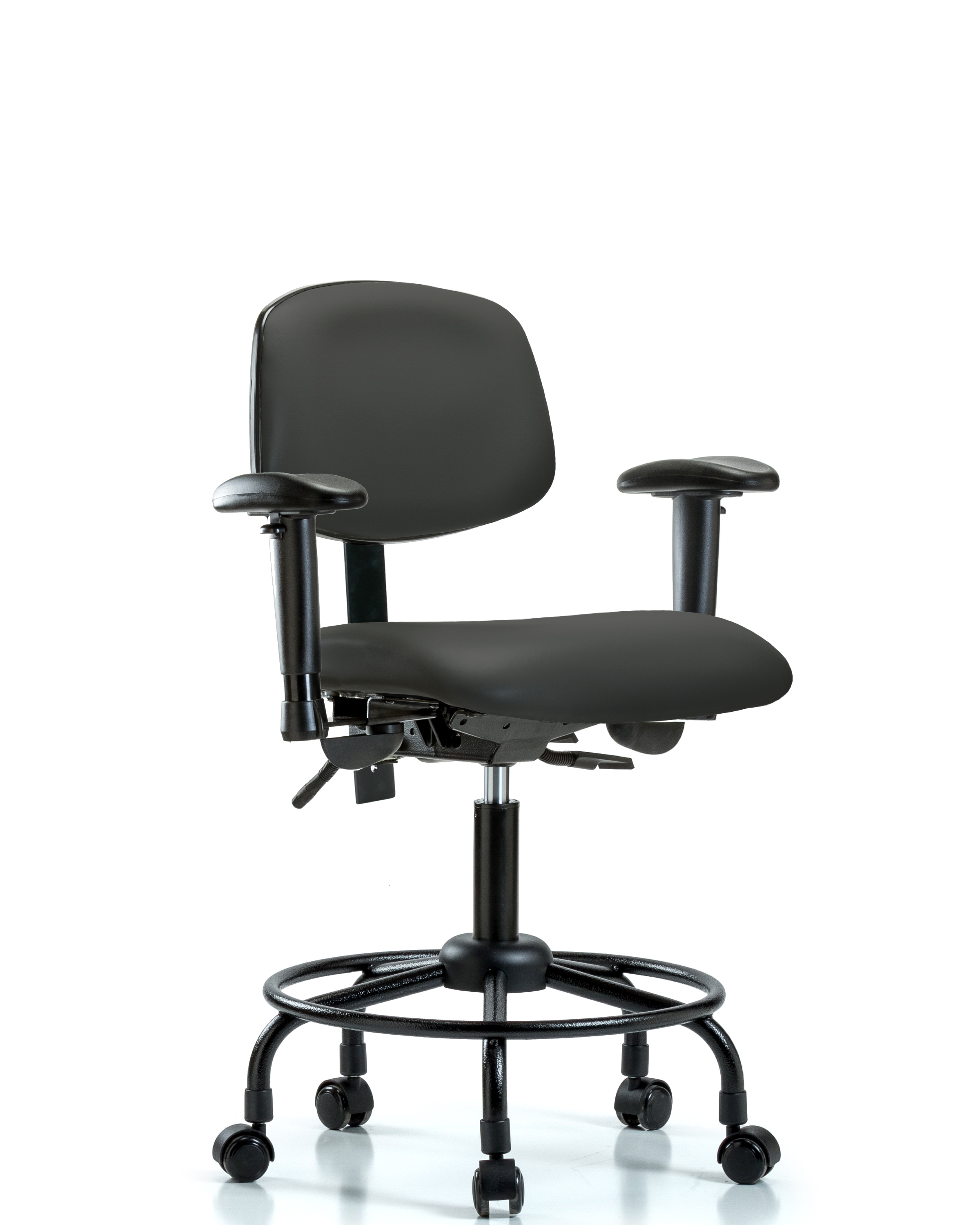 Rutledge Vinyl Chair - Desk Height with Round Tube Base, Adjustable Arms, & Casters in Charcoal Trailblazer Vinyl